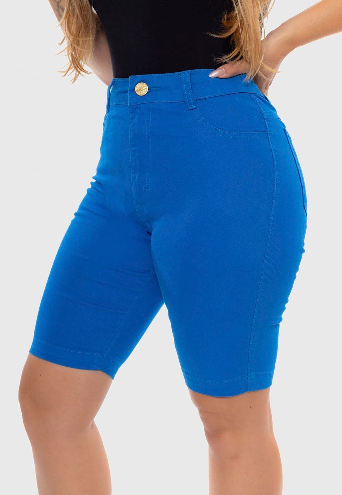 Vista 2 Bermuda Short Feminina Cintura Alta Sarja Elastano 7883 Macaw azul