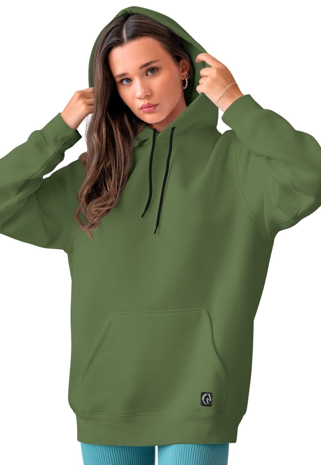 Vista principal Blusa De Frio Feminina W2 Moletom Liso Com Capuz e Bolso Canguru Felpado Verde Militar W2 STORE azul/azul marinho/bege/branco/cinza/preto/rosa/verde militar verde