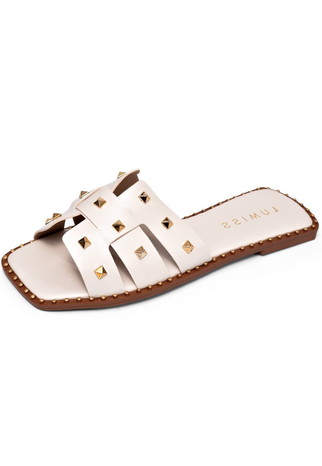 Sandália Rasteira Feminina Lumiss Spike Tacha Pirâmide Bico Quadrado Confortável Off White