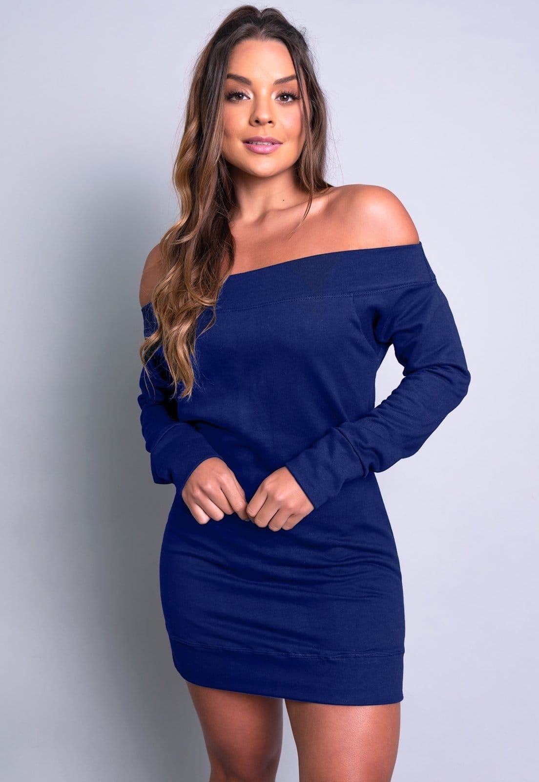 Vista principal Vestido MVB Modas Moletom Flanelado Ombro a Ombro Azul Mvb Modas azul marinho/cinza