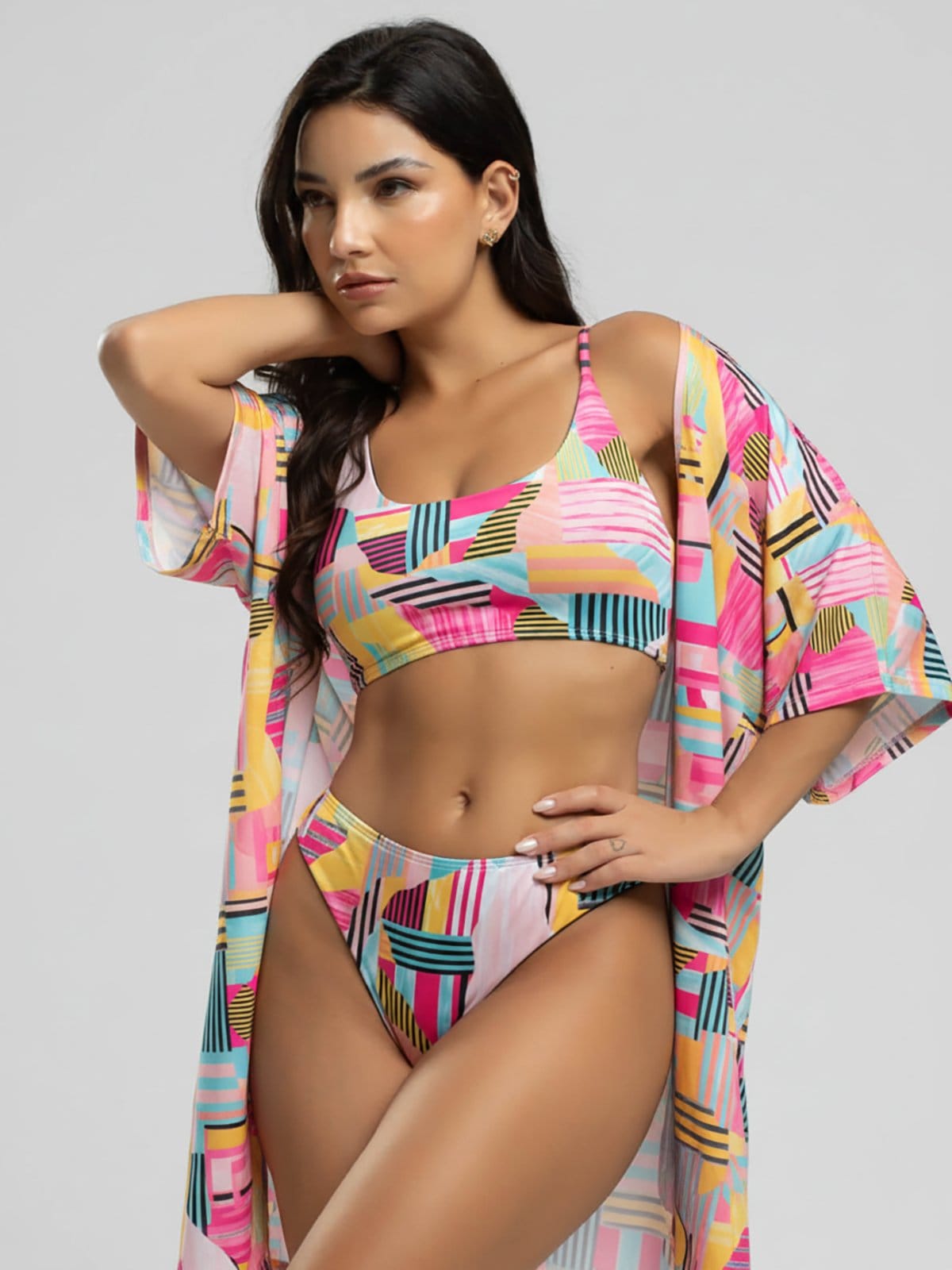 Conjunto Vicbela Biquíni Top Faixa Bojo Removível Fio Duplo Asa Delta + Saída de Praia Kimono