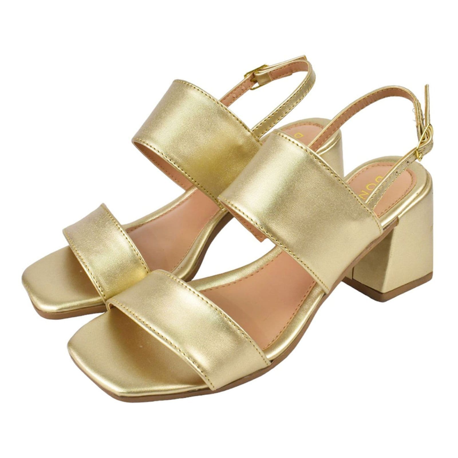 Sandália Feminina CM Calçados Bico Quadrado Salto Alto Casual Metalizado Ouro Light