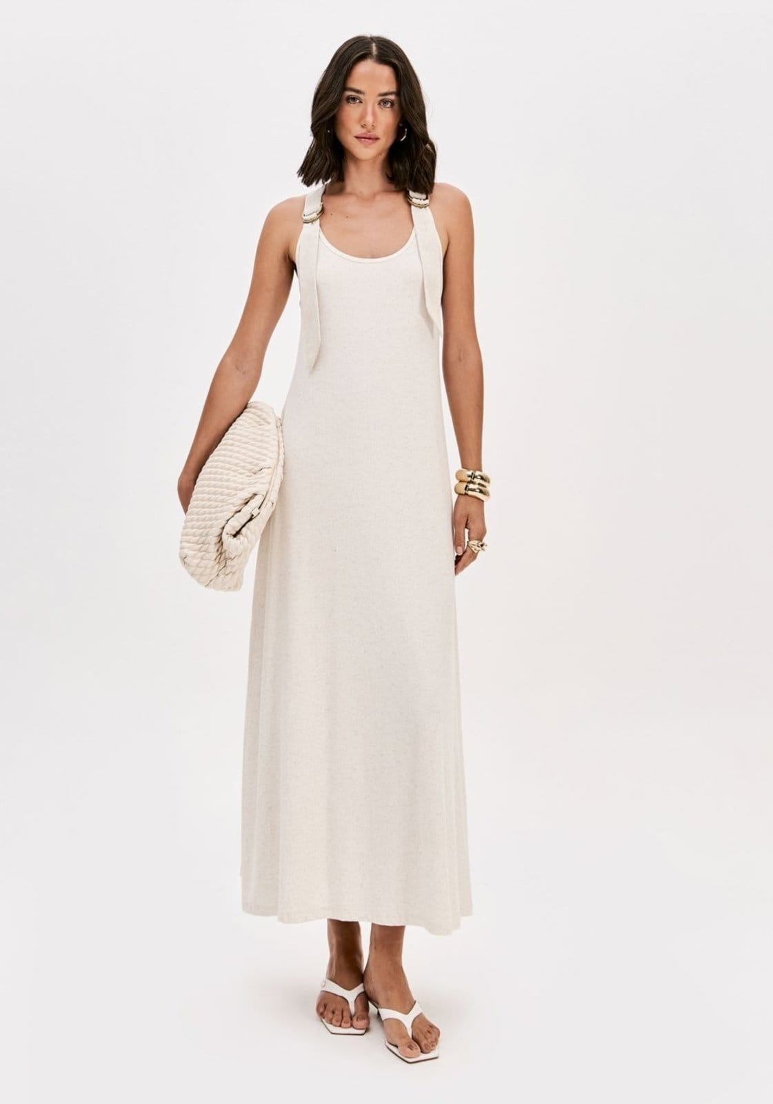 Vista principal Vestido Canelado Super Midi Com Linho Lança Perfume branco
