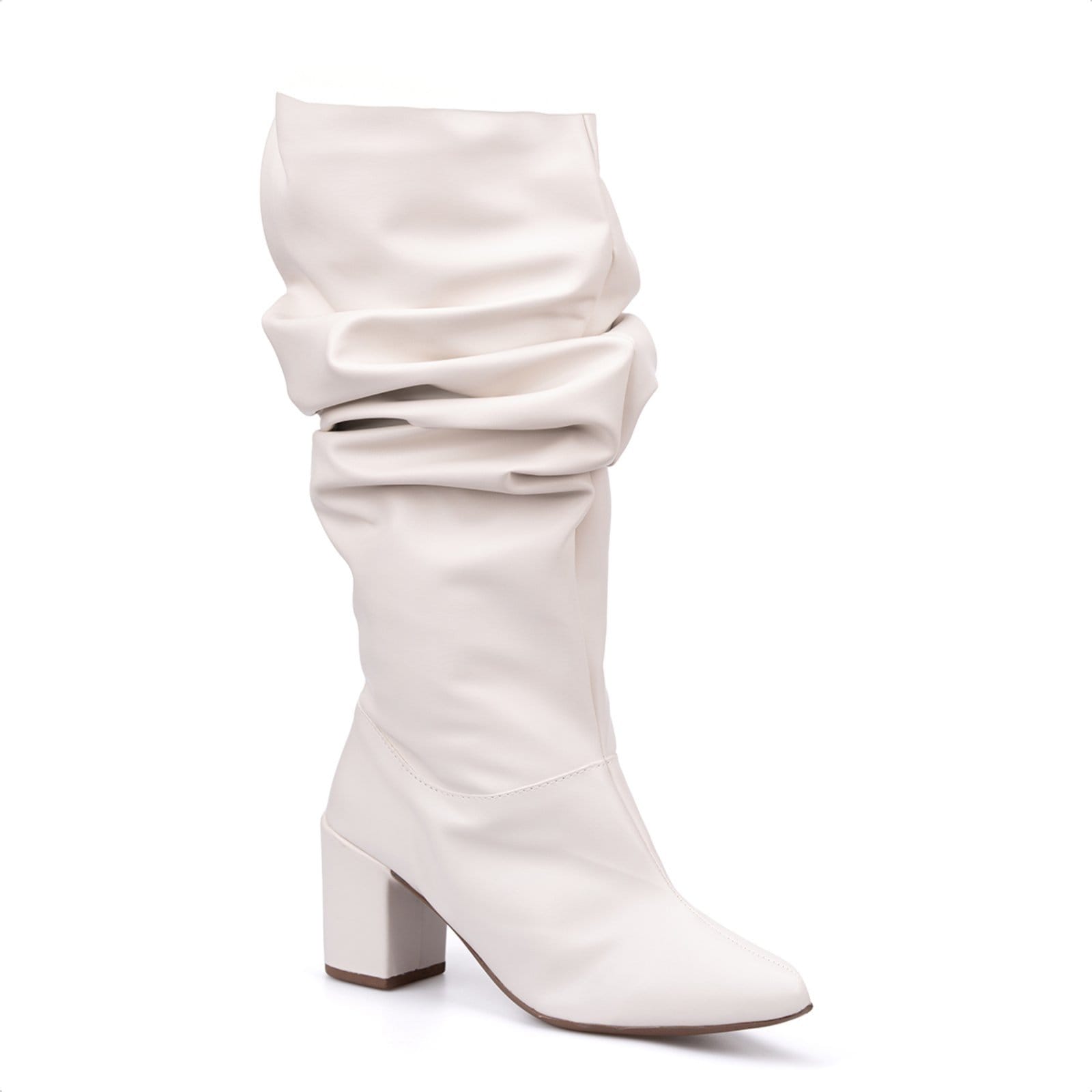 Vista principal Bota Feminina Slouchy Domidona Bico Fino Salto Grosso Elegante Off White Domidona off-white white