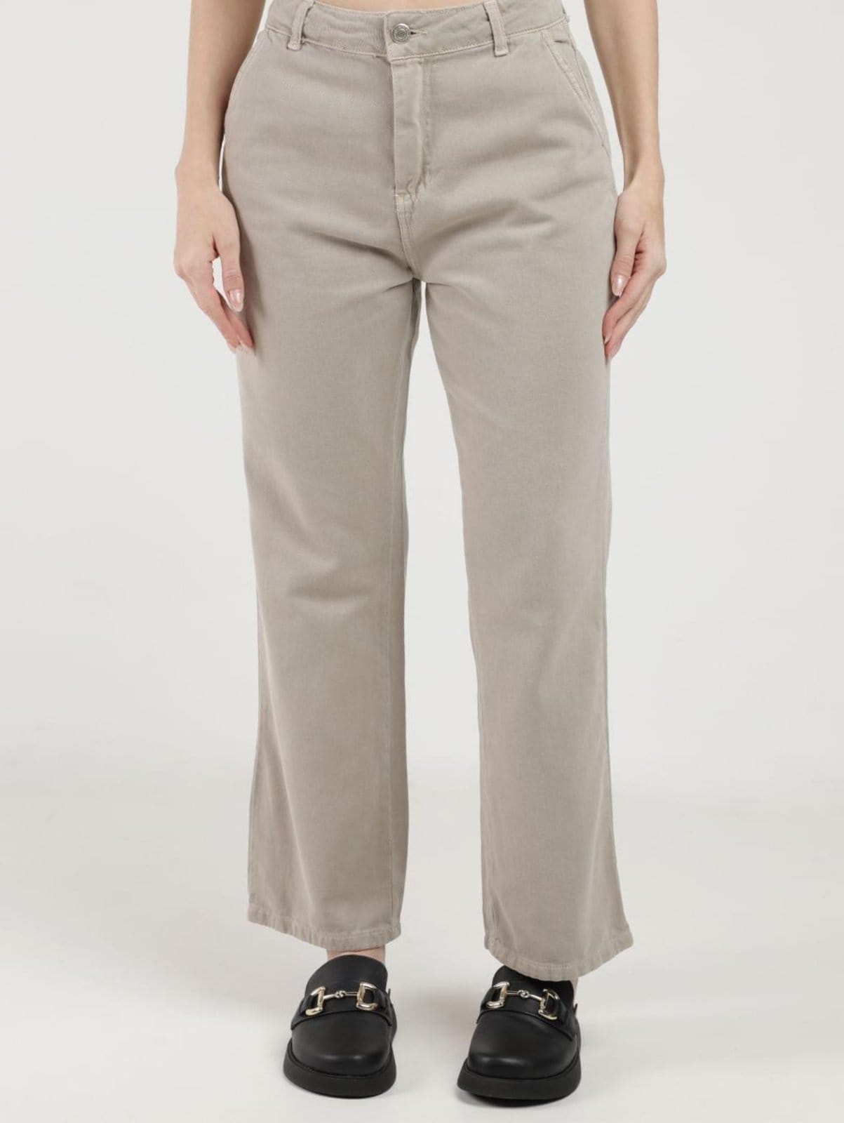 Vista principal Calça Sarja Reta Sawary Feminina AREIA Sawary amarelo