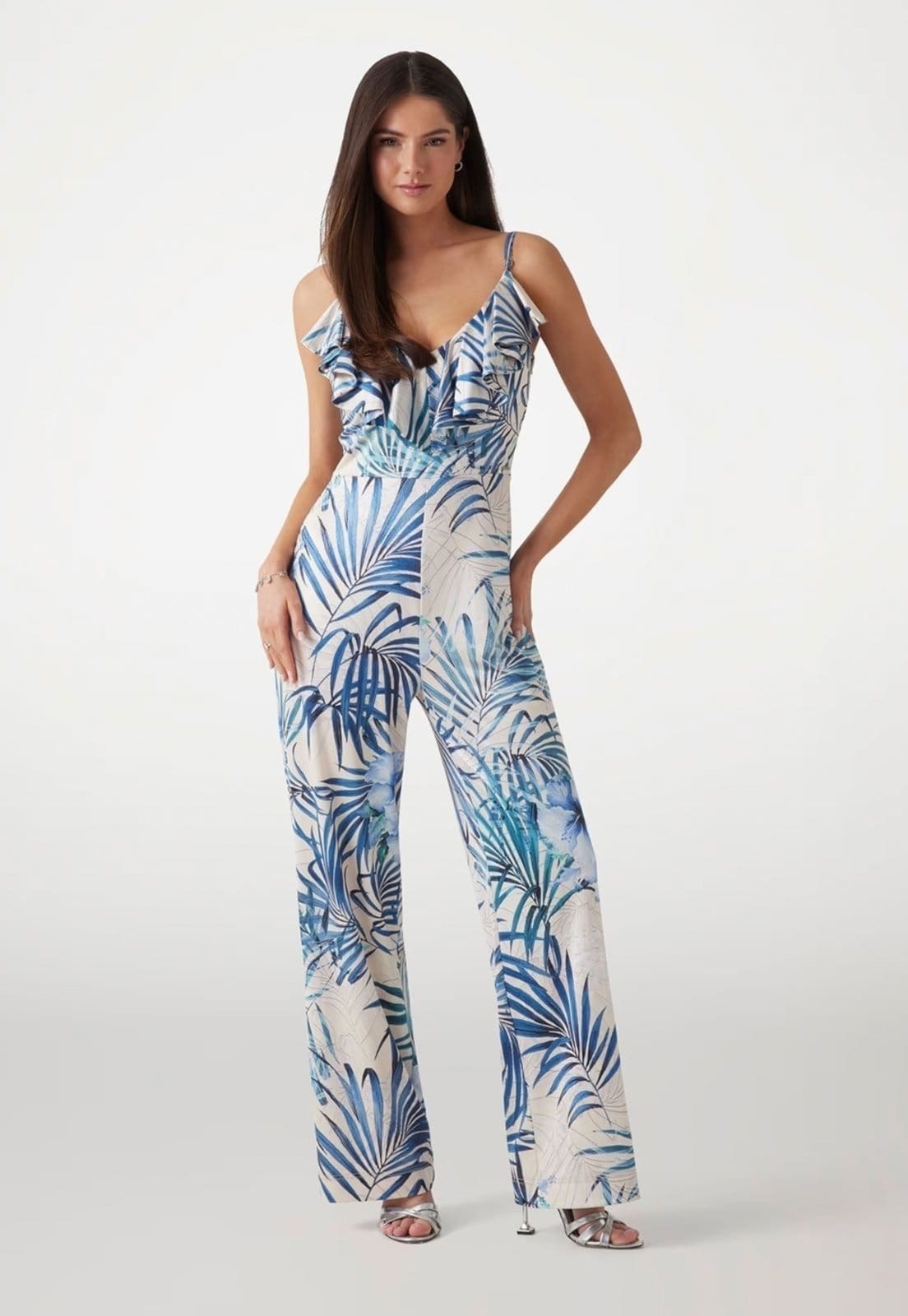 Macacão Guess Decote Babados Eco Azul