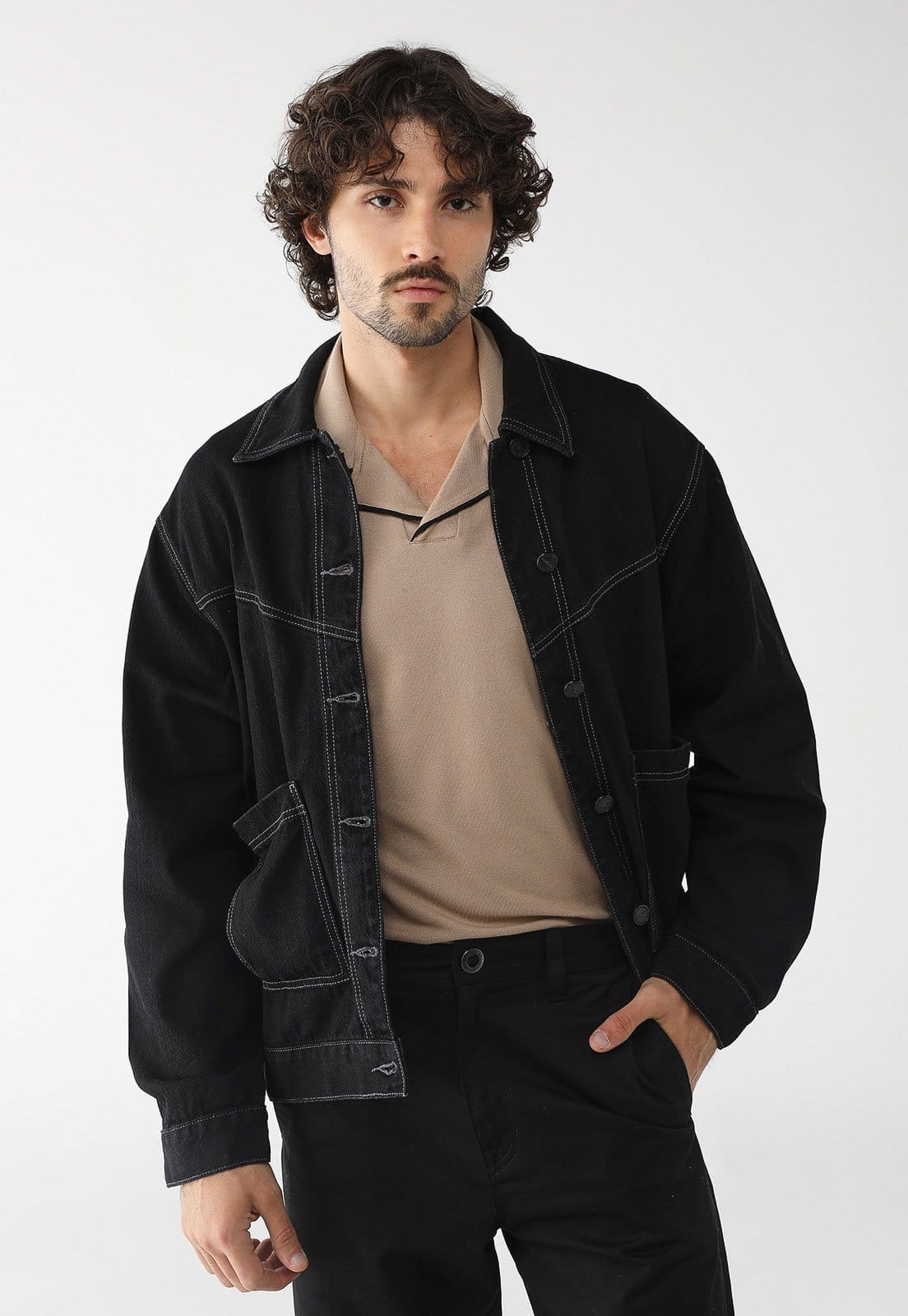 Jaqueta Jeans Colcci Reta Pesponto Preta