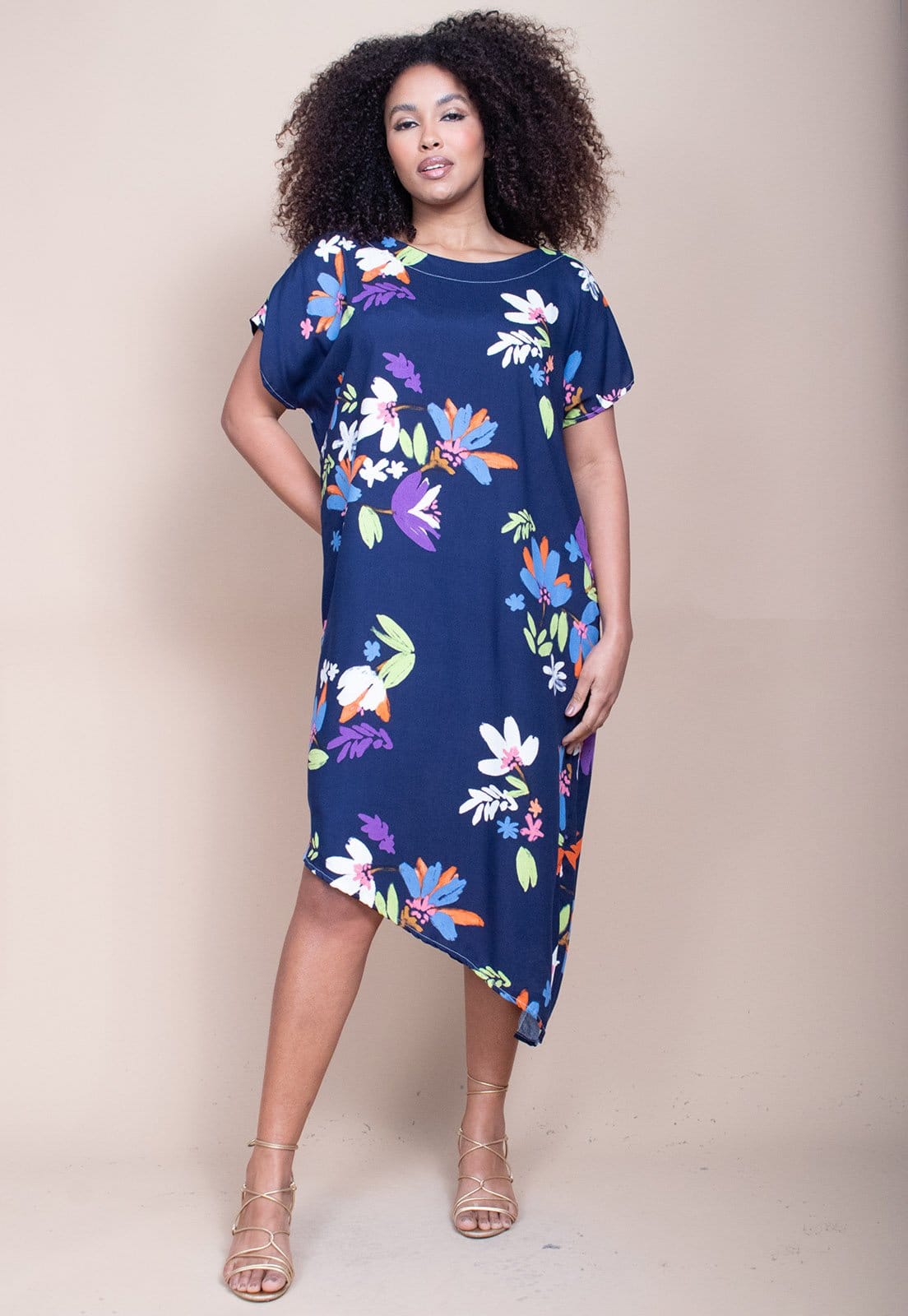 Vestido Cabanafree Midi Plano Estampa Festa das Flores Azul