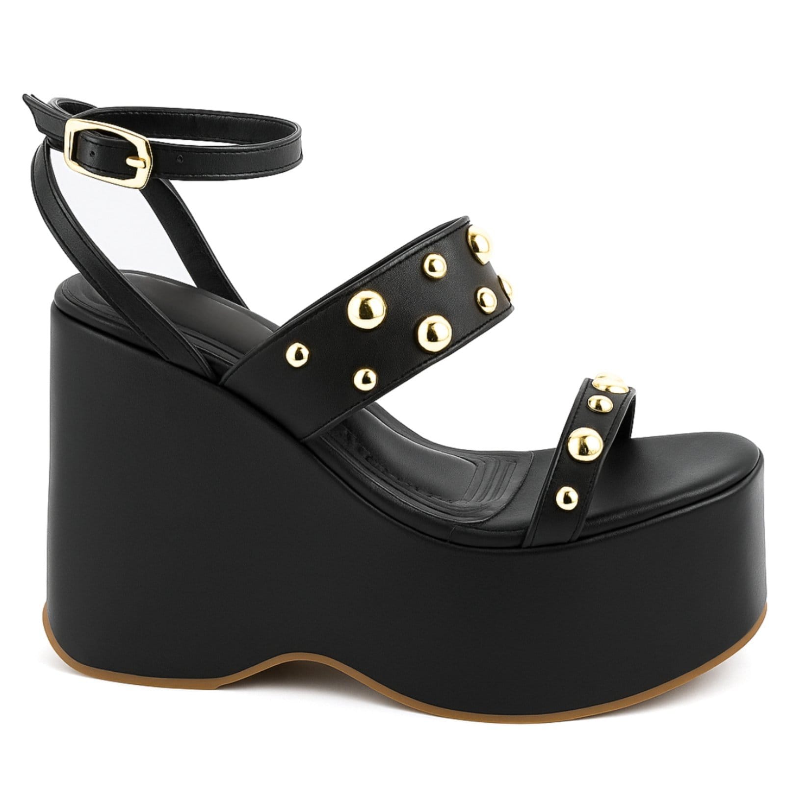 Vista 2 Sandália Anabela Plataforma Alta Tira Bolinhas Douradas Feminina Elegante Preta 182172 Hannah Footwear preto