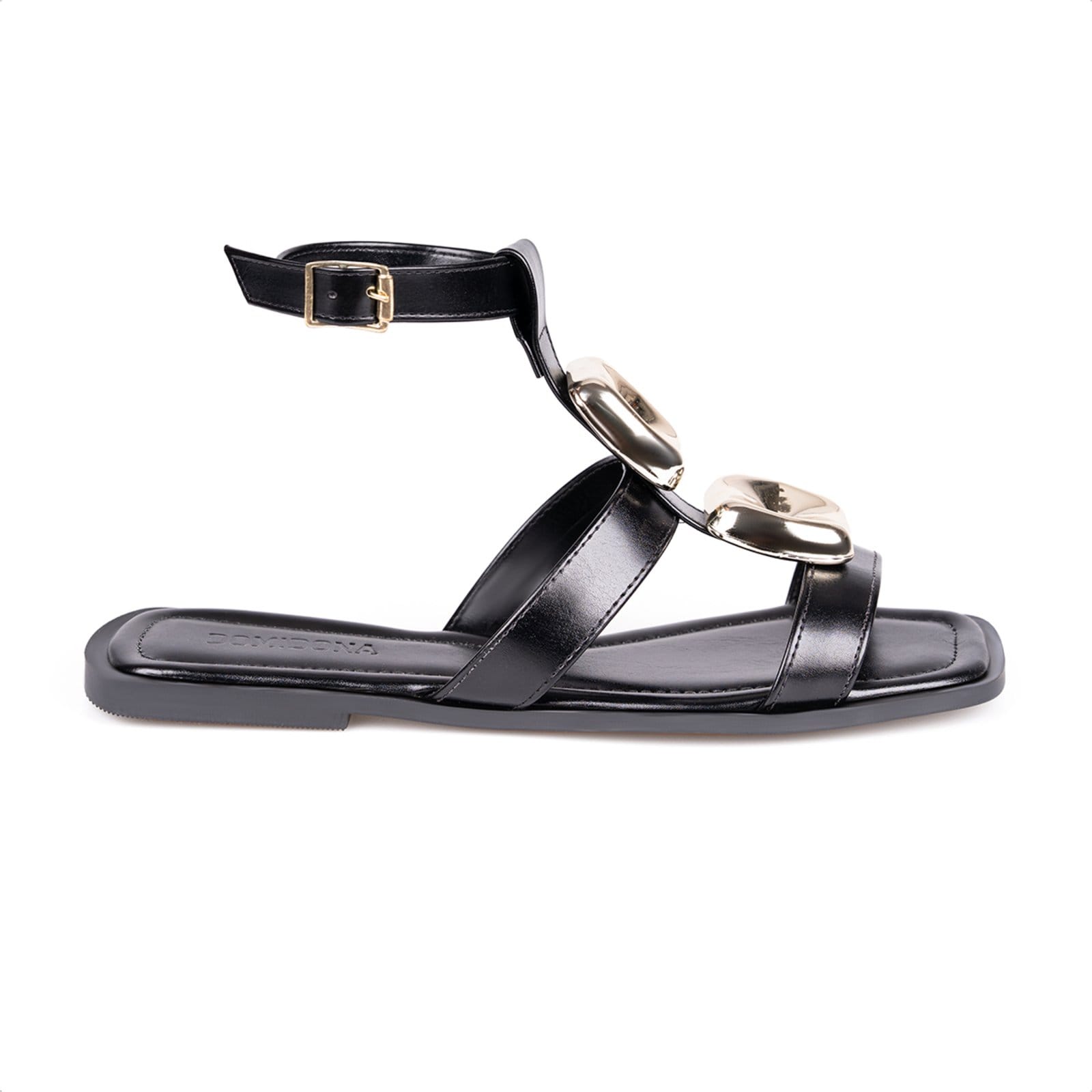 Vista 2 Sandália Feminina Preta Rasteira Pedrarias Tira No Tornozelo Domidona preto