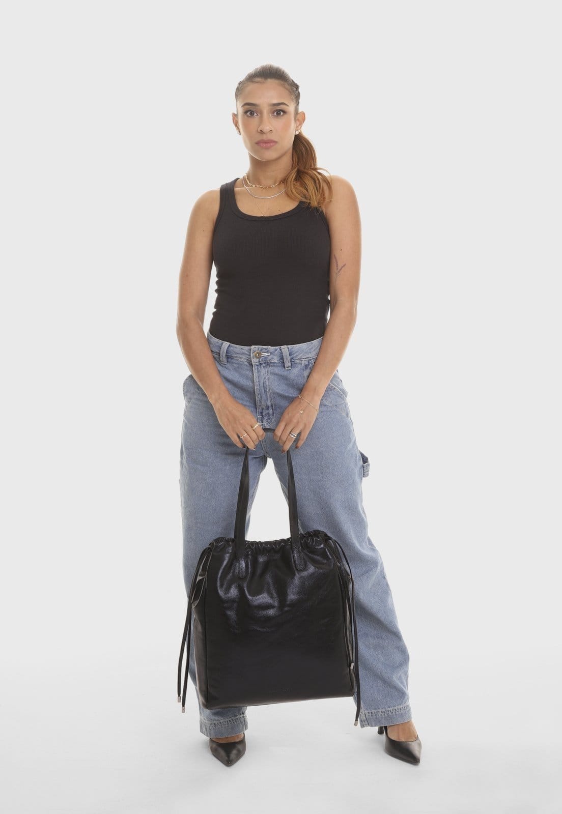 Vista 2 Bolsa Tote Couro Mariart Maxi Rosa Preto Metalizado Mariart preto rosa