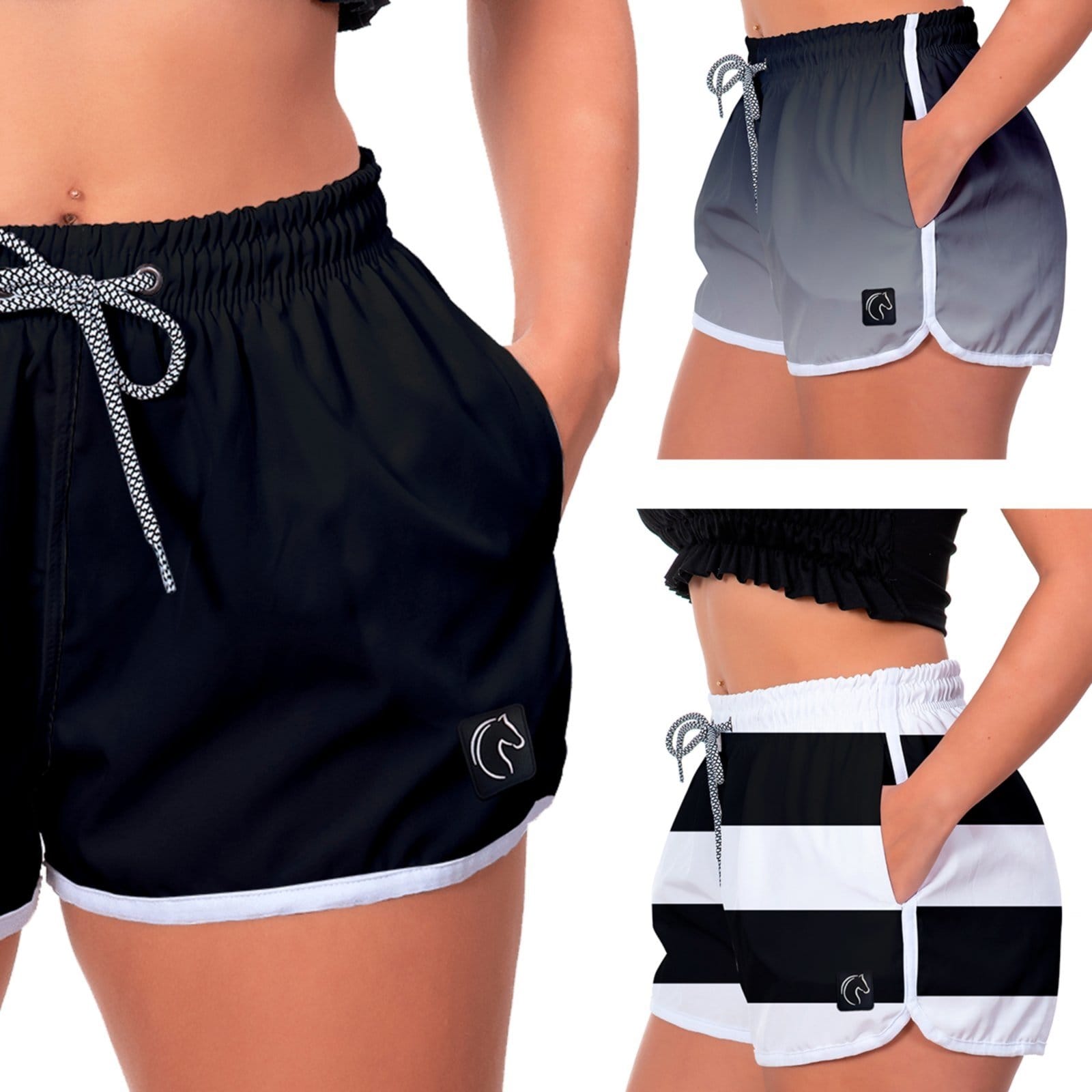 Kit 3 Shorts Feminino Premium Secagem Rápida com Elástico Cordão Ajustável e Bolsos Moda Praia Casual ou Treino Academia Degradê e Listras