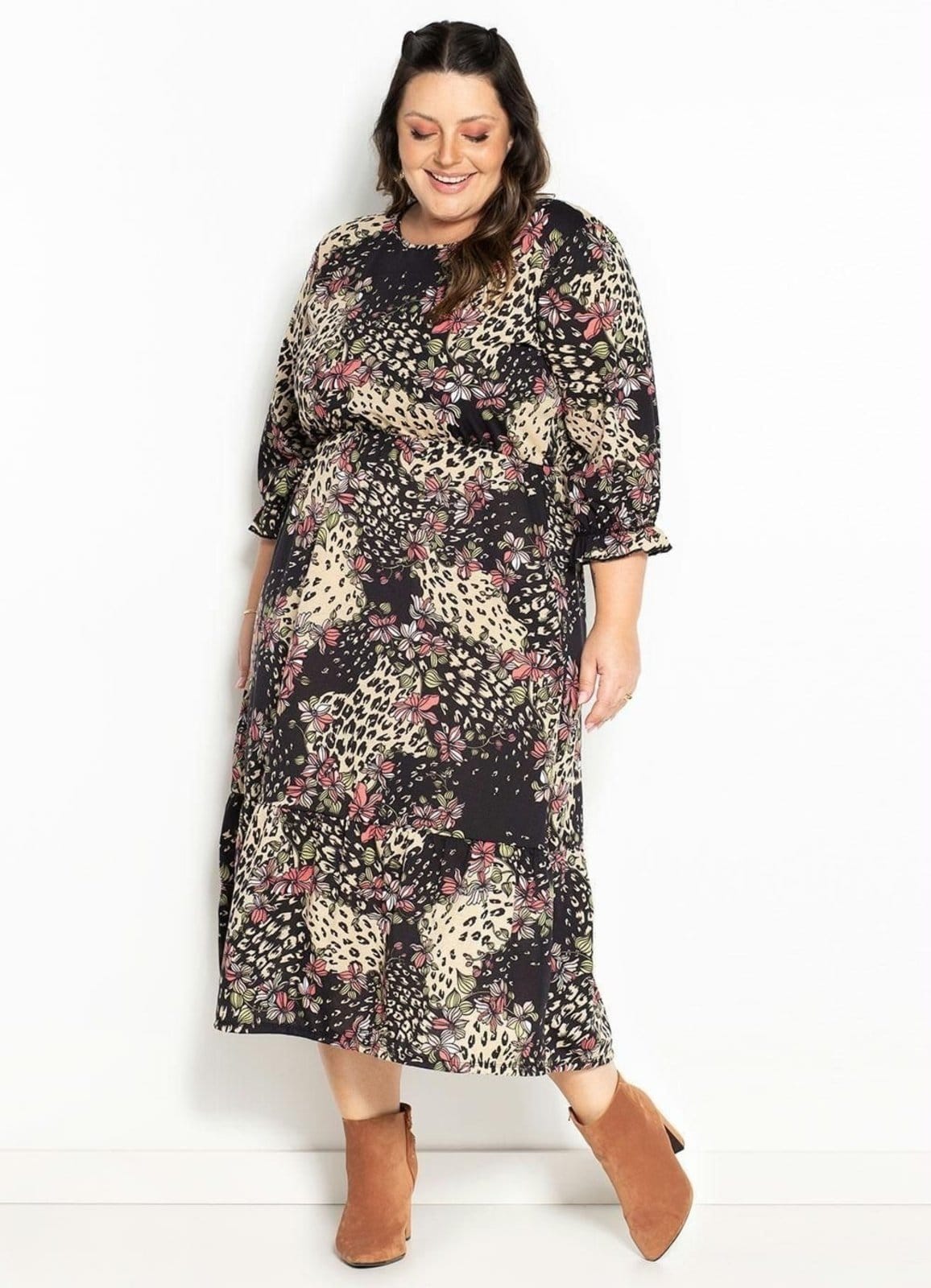 Vestido Com Mangas Plus Size Animal Print