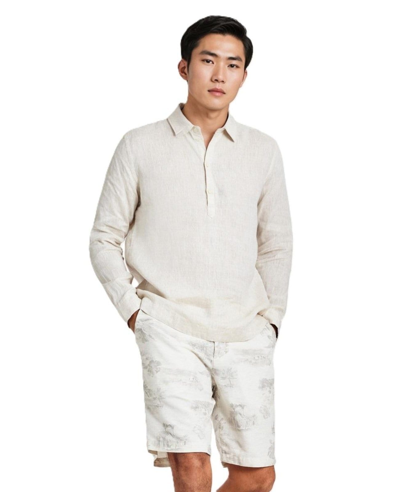 Vista 2 Bata Manga Longa Cambraia Puro Linho Reserva off-white