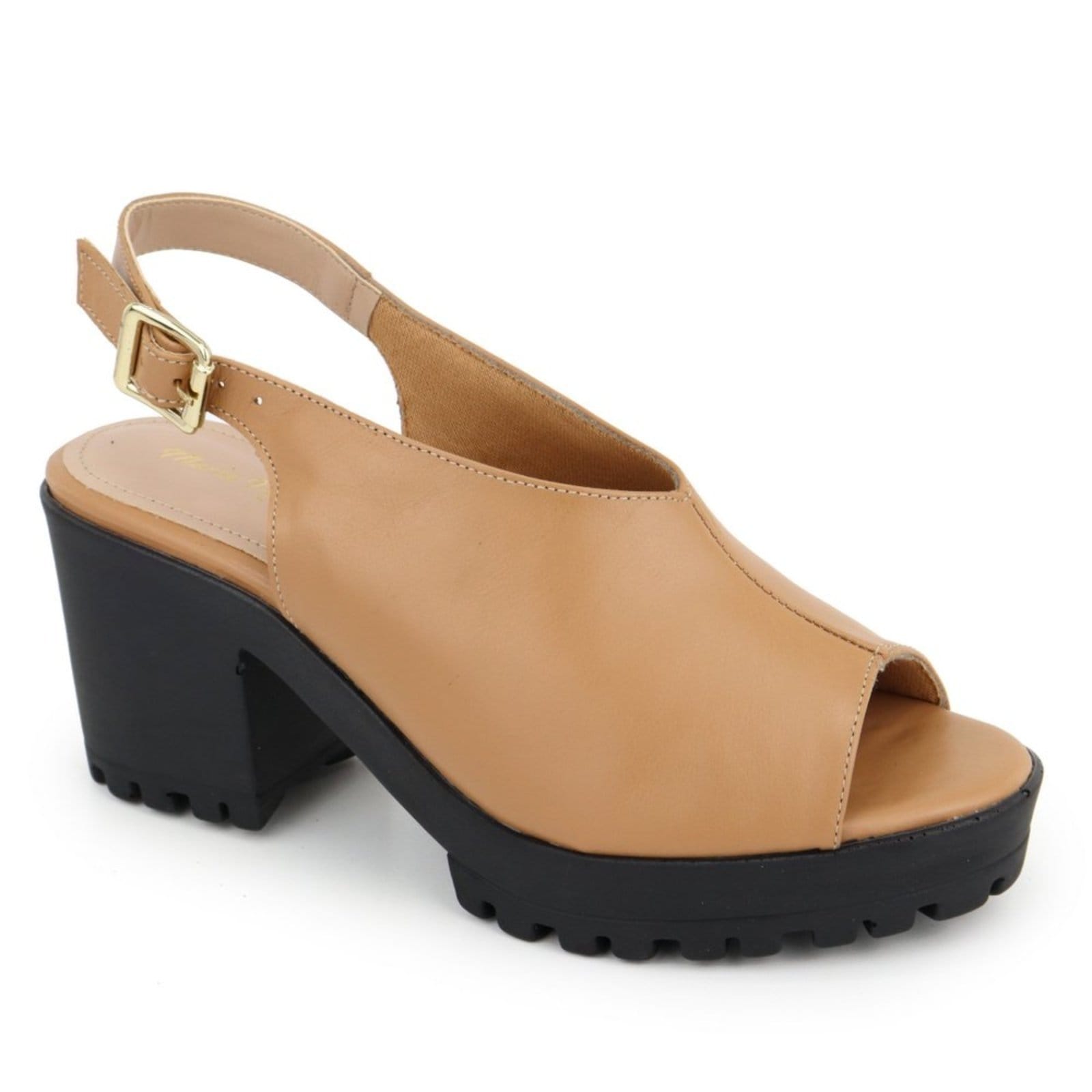 Vista 2 Sandália Salto Bloco Tratorada em Couro Fechamento em V Maria Paula Coconut MARIA PAULA caramelo