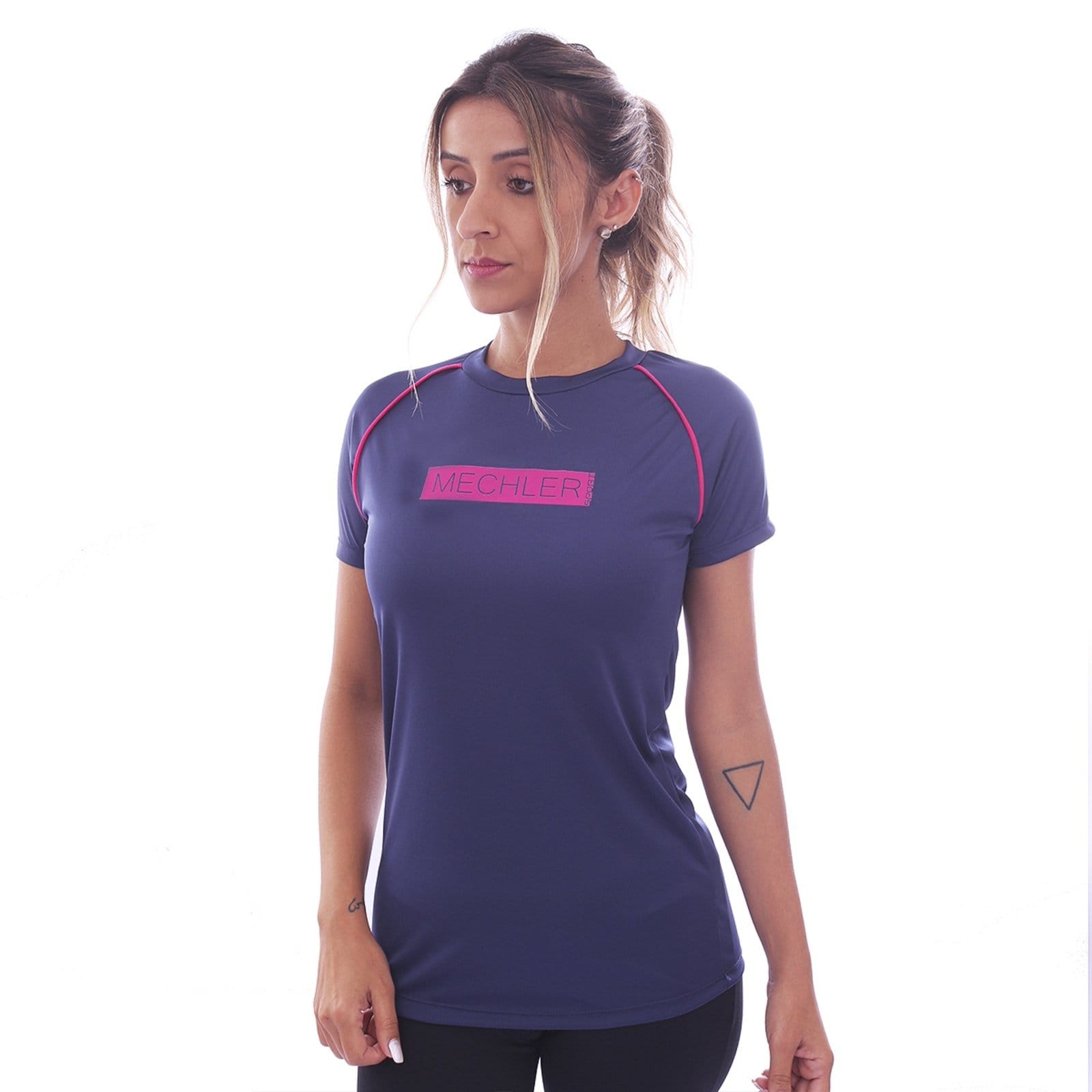 Vista principal Camiseta Feminina Dryfit Raglan Manga Curta Proteção Solar UV 50 Academia Verão Adulto Esporte Mechler Marinho Mechler azul/azul marinho azul