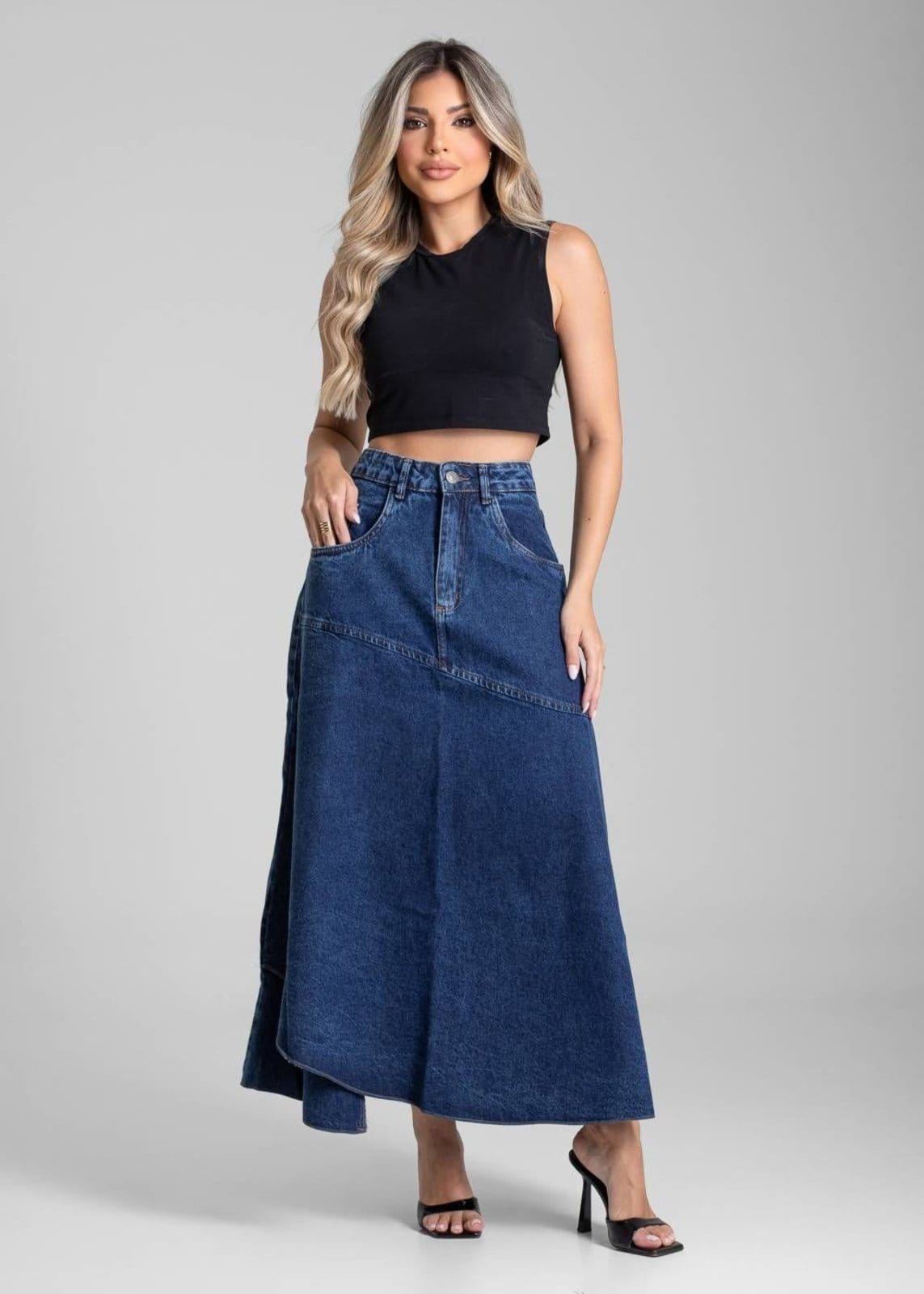 Vista 2 Saia Jeans Sawary Midi - 282251 Sawary azul