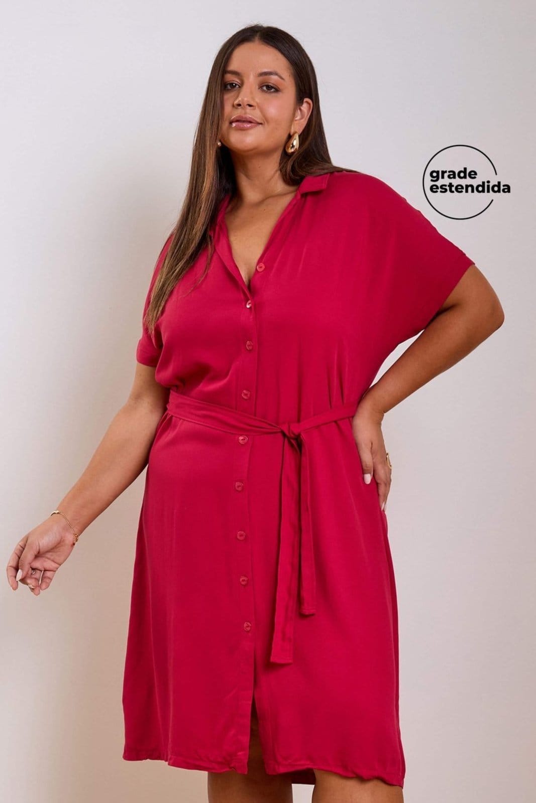 Vista principal Vestido Feminino Midi Chemise Com Faixa Marialícia Marialícia vermelho