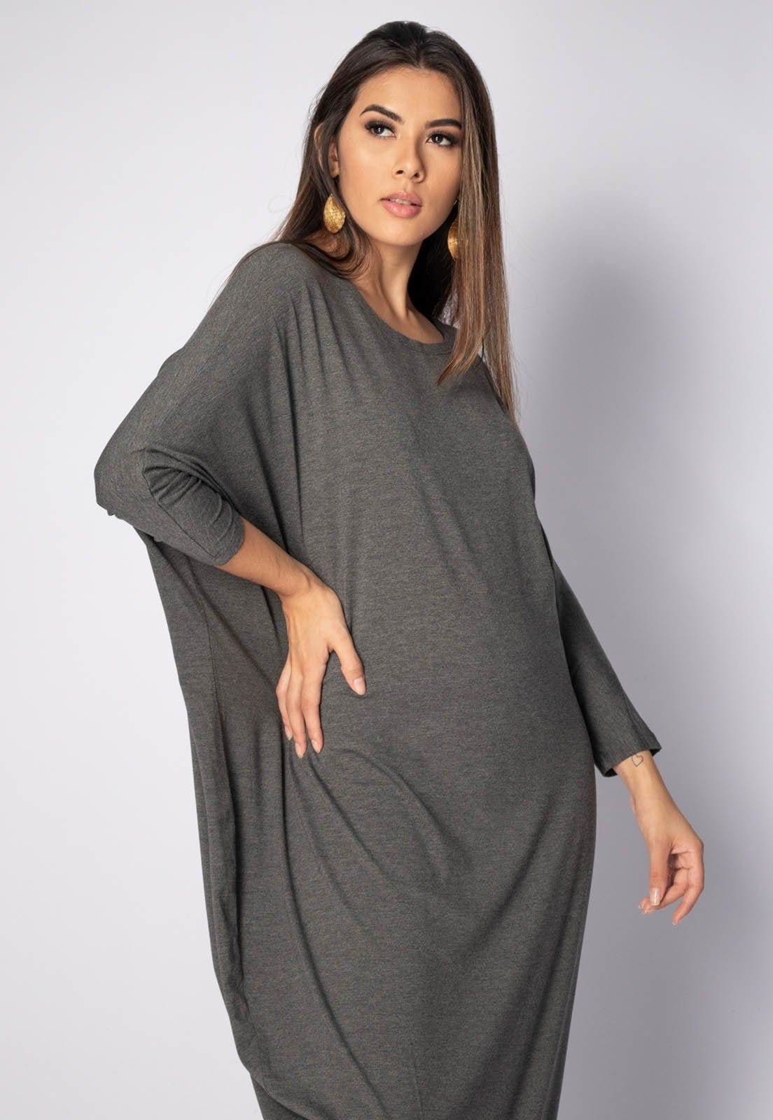 Vista 2 Vestido Longo Amazonia Vital Morcego Manga 3/4 Assimétrico Mescla Amazonia Vital cinza