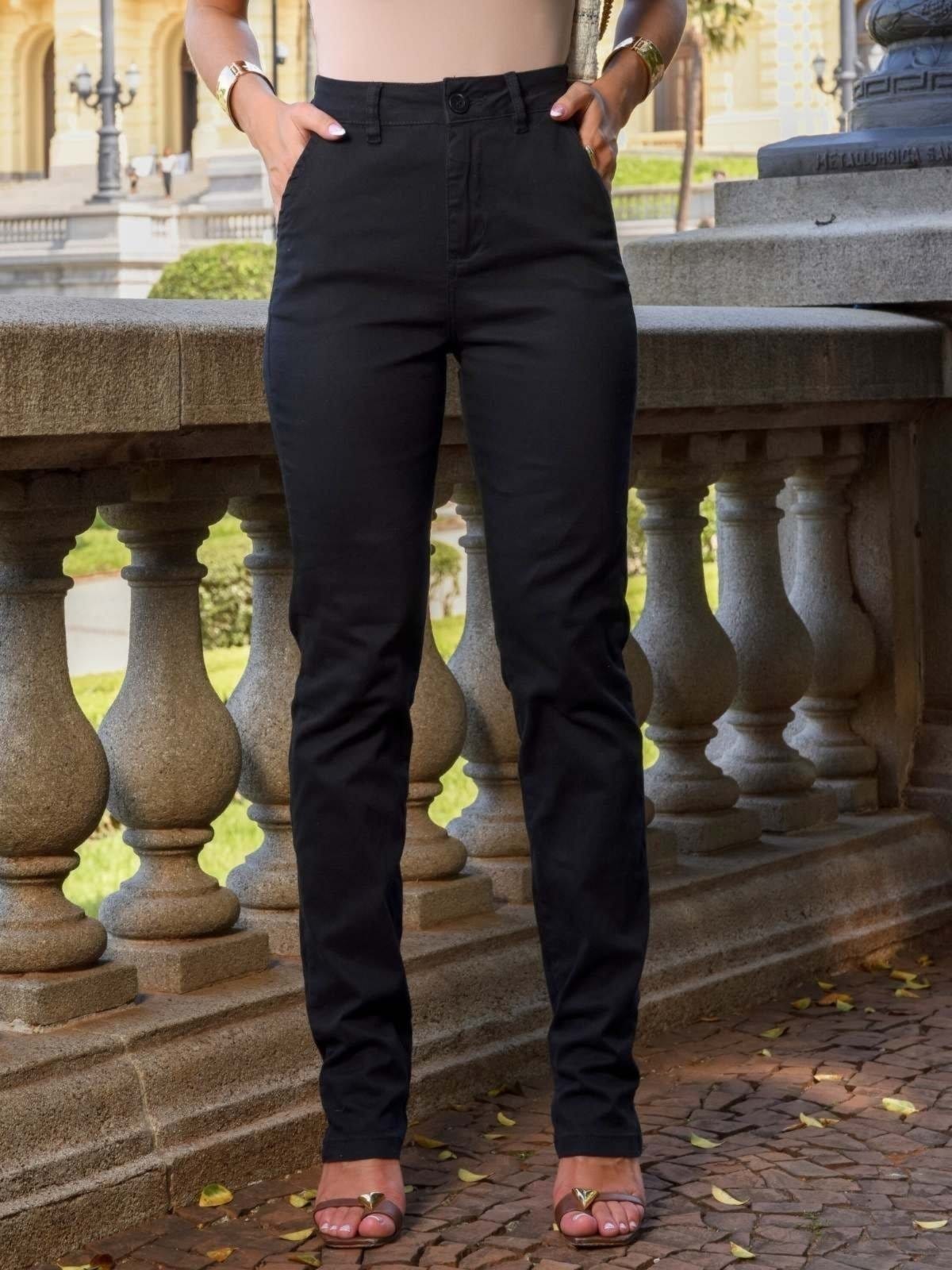 Calça Sarja Alfaiataria Reta Preta Feminina