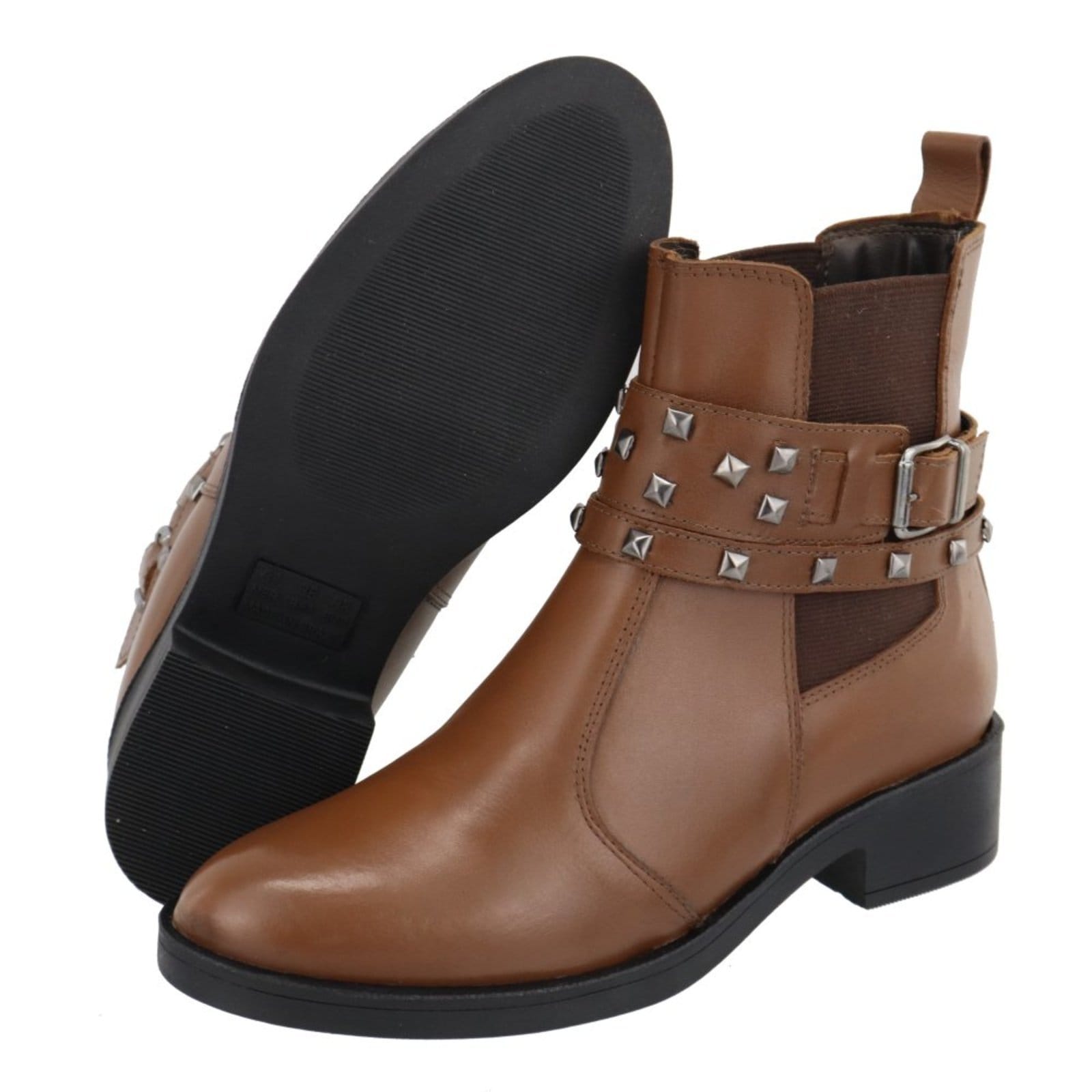 Vista 2 Bota em Couro Feminina Cano Curto Conhaque Spike Lançamento TELLINI STORE caramelo