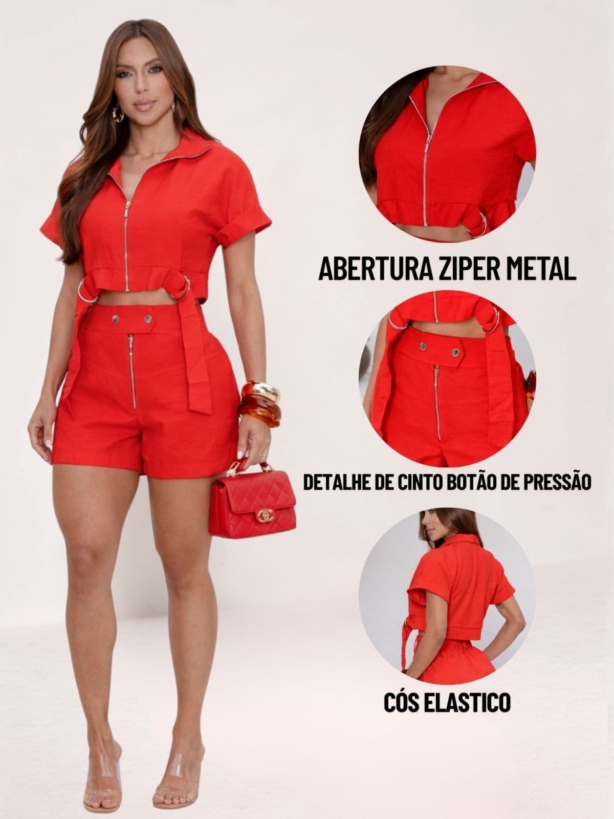 Vista 2 Conjunto Feminino Tropical Fashion Blusa Cropped Com Zíper e Shorts TROPICAL FASHION vermelho