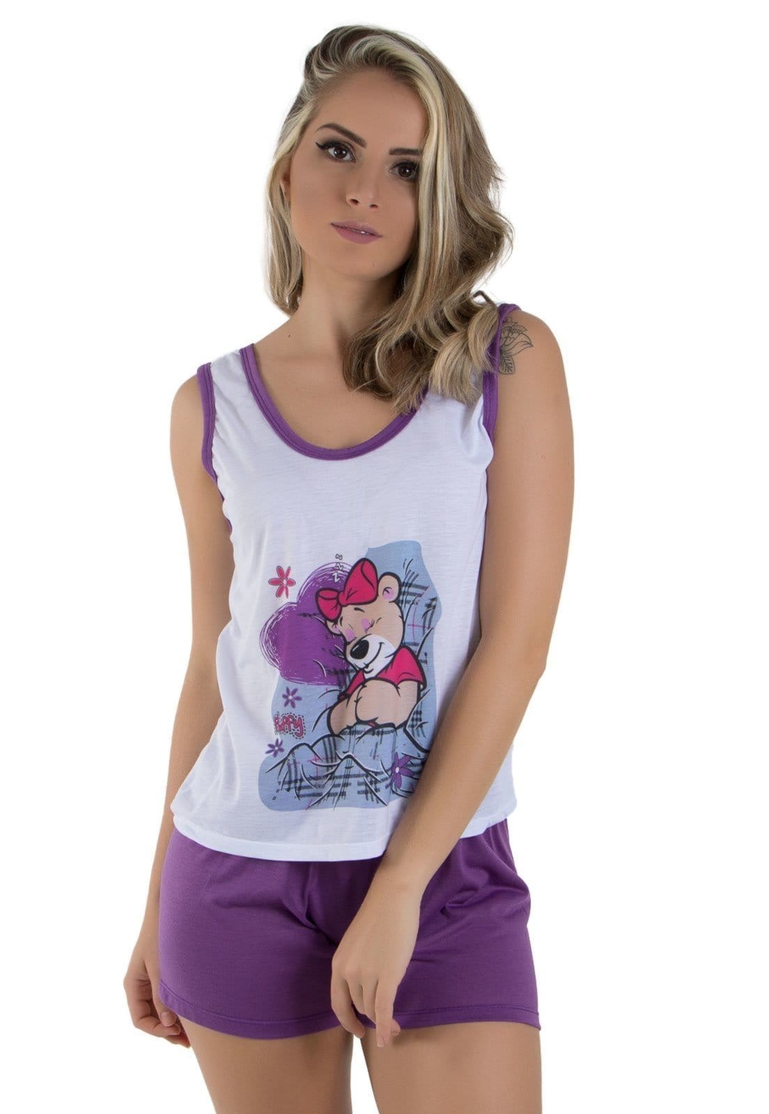 Baby Doll Diluxo Pijama Curto de Malha Lilas