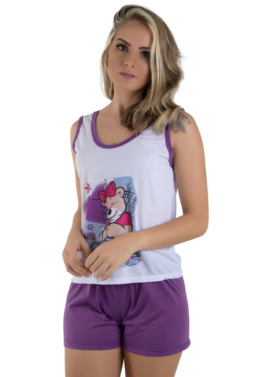 Baby Doll Diluxo Pijama Curto de Malha Lilas - 2