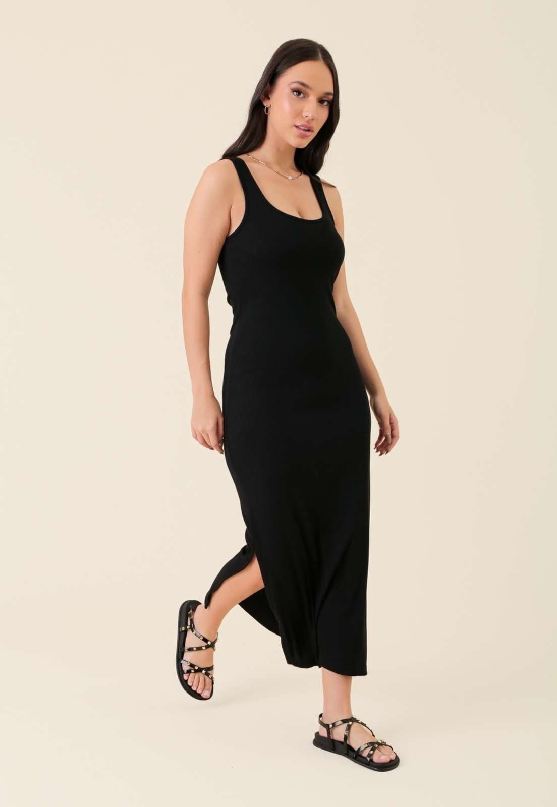 Vista 2 Vestido Midi Pop Me Em Ribana Canelado Sem Manga Com Fenda Pop Me preto