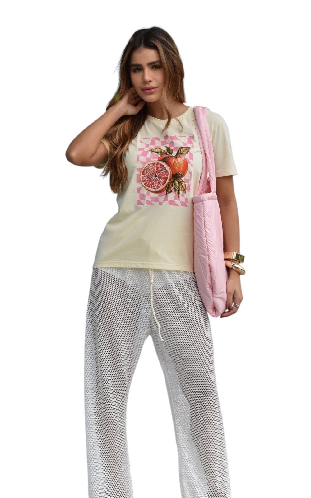 Vista 2 Camiseta Feminina Cianitas Amarela Estampa Laranja Groovy Cianitas amarelo