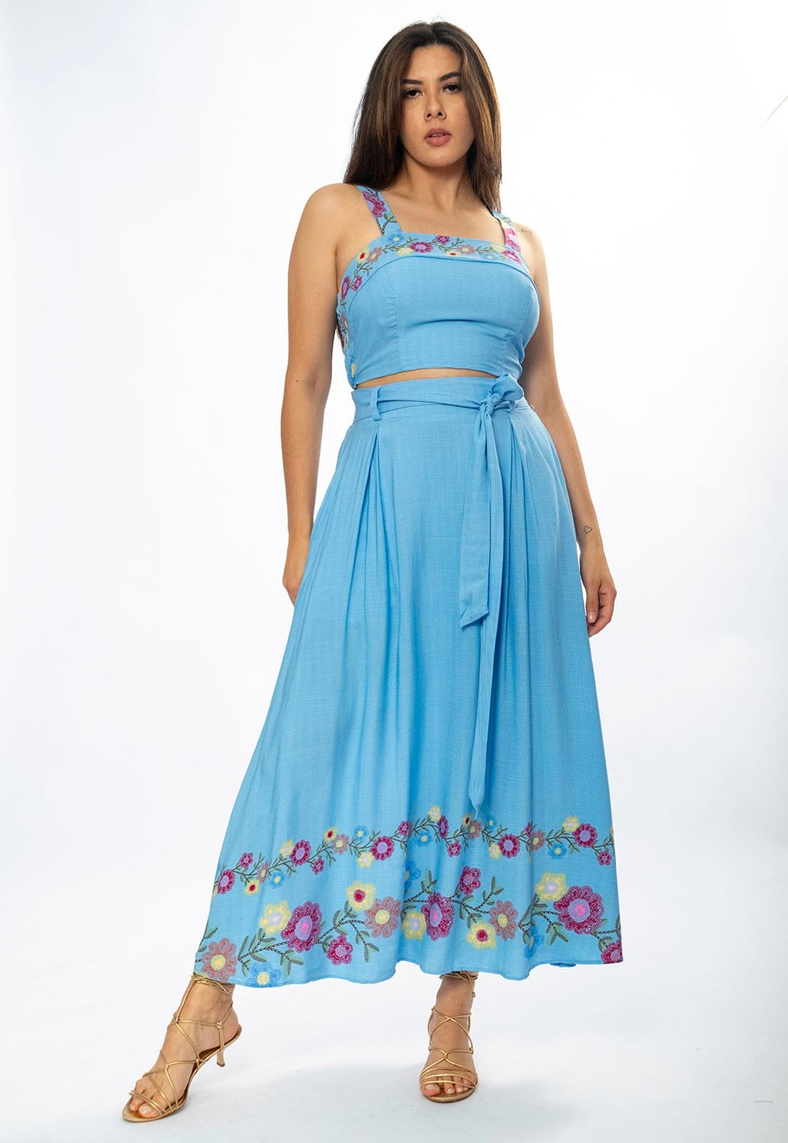 Vista principal Conjunto Viscose Amazônia Vital Saia e Blusa Jardim Celeste Amazonia Vital amarelo/estampado/rosa celeste