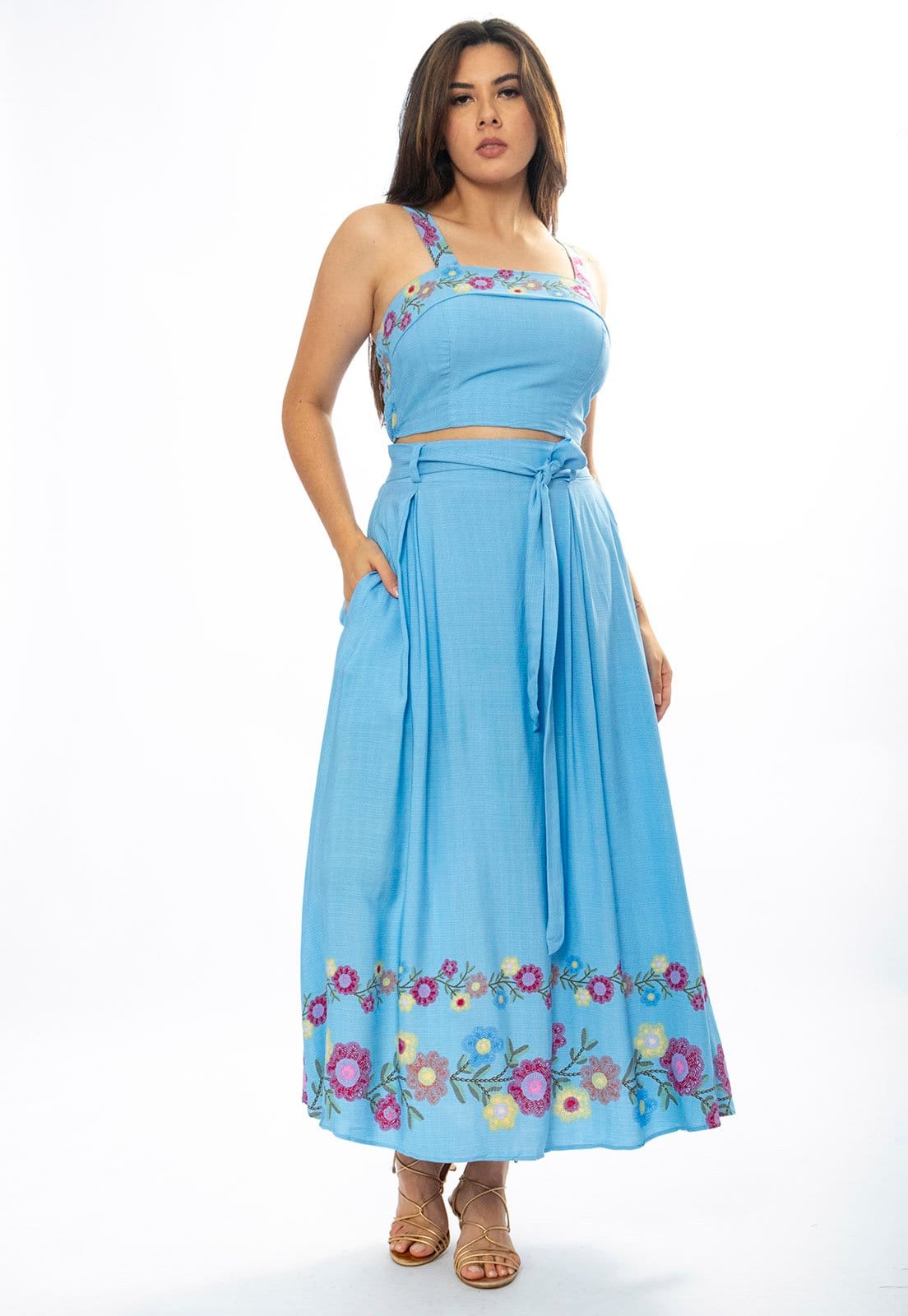 Vista 2 Conjunto Viscose Amazônia Vital Saia e Blusa Jardim Celeste Amazonia Vital amarelo/estampado/rosa celeste