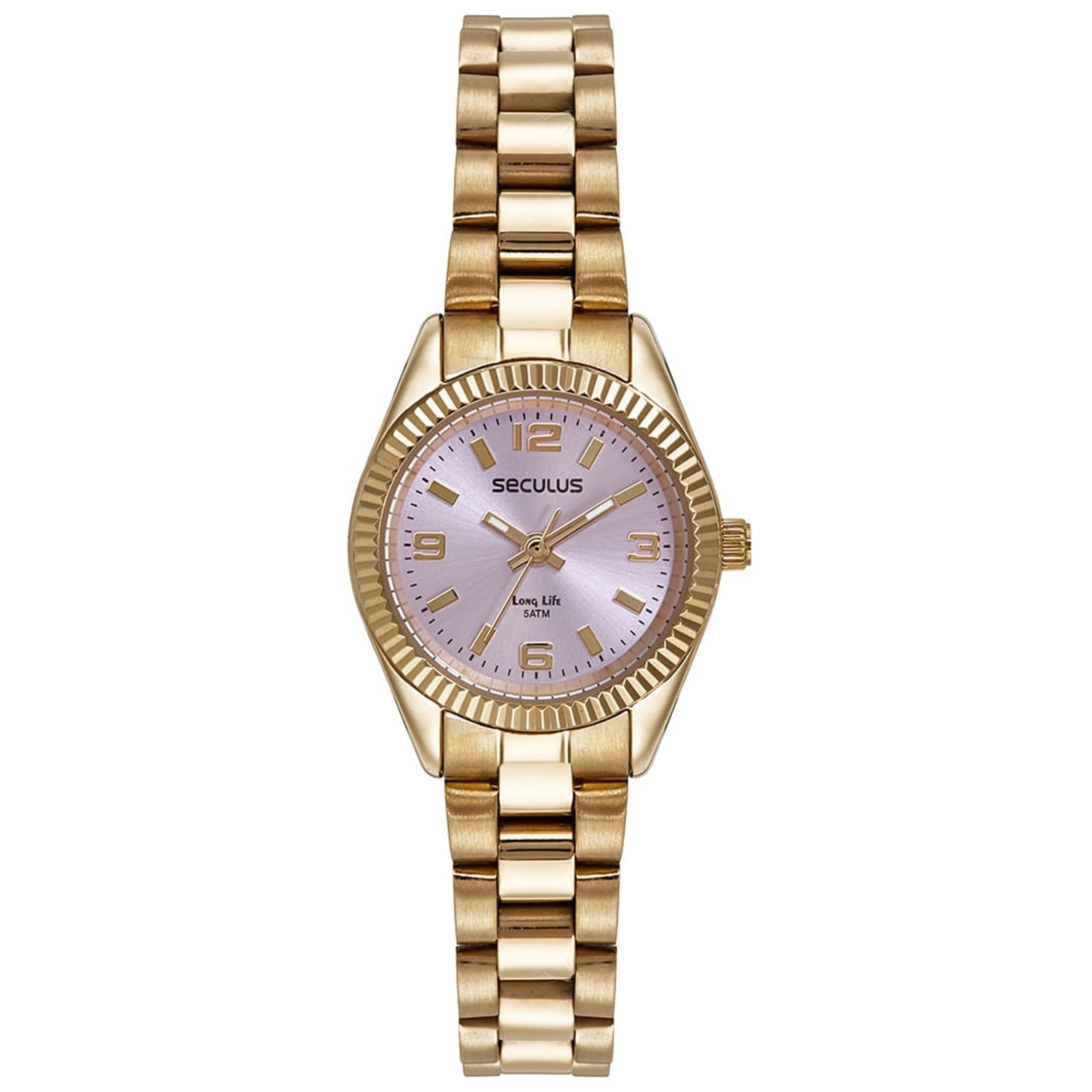 Vista 2 Kit Relógio Seculus Feminino Catraca Facetada com Pulseira Seculus dourado