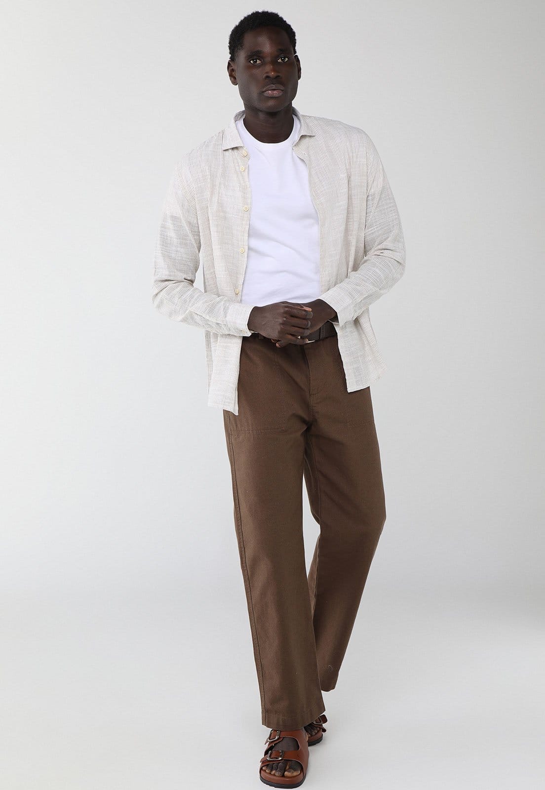 Vista 2 Camisa Masculina Aramis Listrada Manga Longa Aramis bege