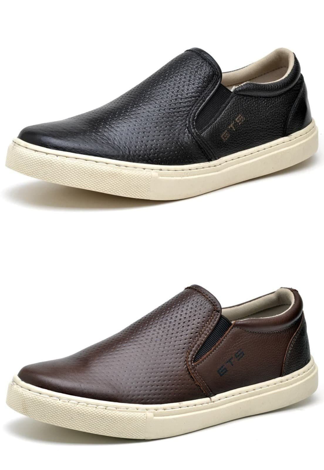 Kit 02 Pares de Tenis Slip On sem Cadarço de Couro CSF Franca DFT Kit Maritimo Preto/Marrom