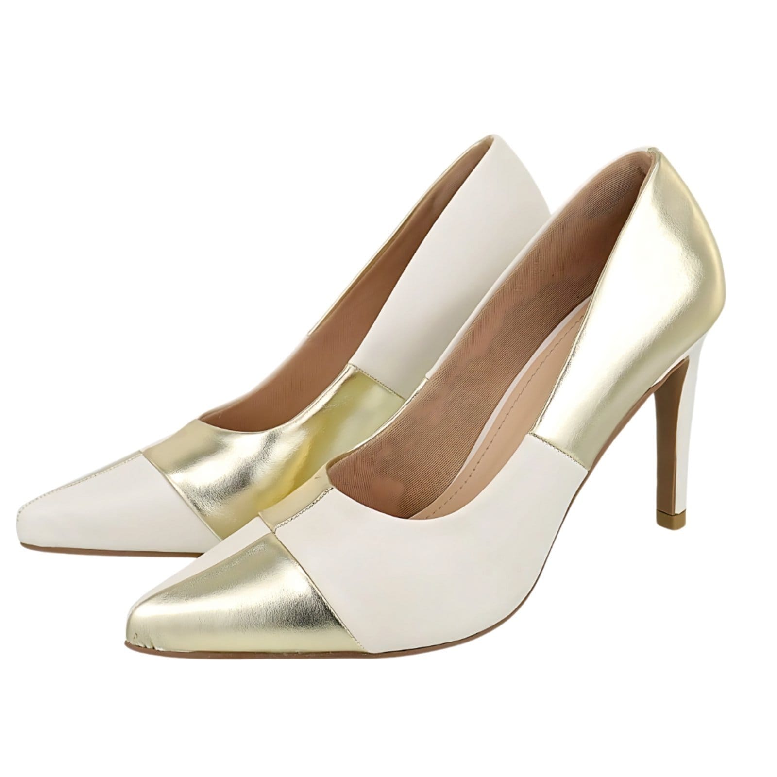 Vista 2 Scarpin Salto Fino Duo Off White com Ouro 5550 Flor da Pele dourado white