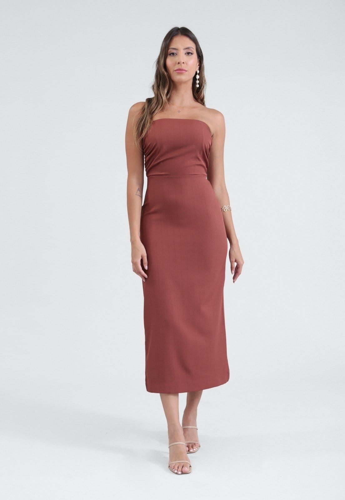 Vista principal Vestido Pop Me Midi Tomara Que Caia Em Alfaiataria E Risca De Giz Pop Me marrom