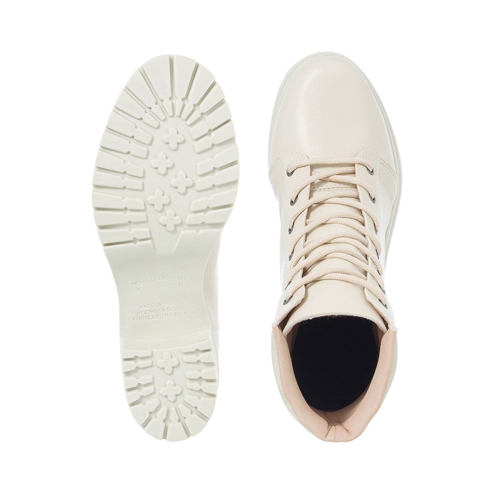 Vista 2 Bota Coturno Feminina Cano Baixo Tratorada Salto Confortável Off White Stessy Shoes off-white white