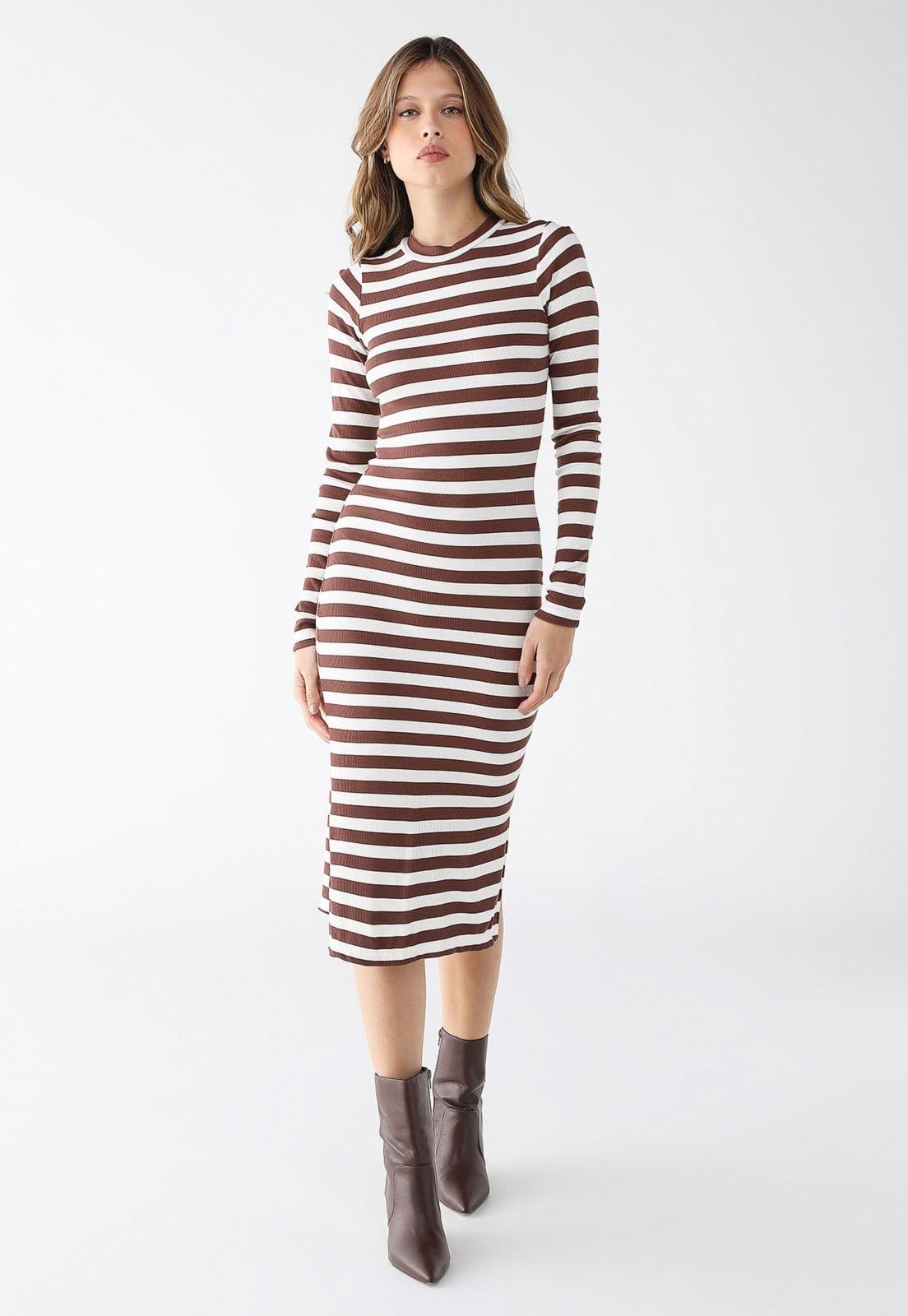 Vestido Midi Manga Longa Levosch Fendas Laterais Listrado Marrom
