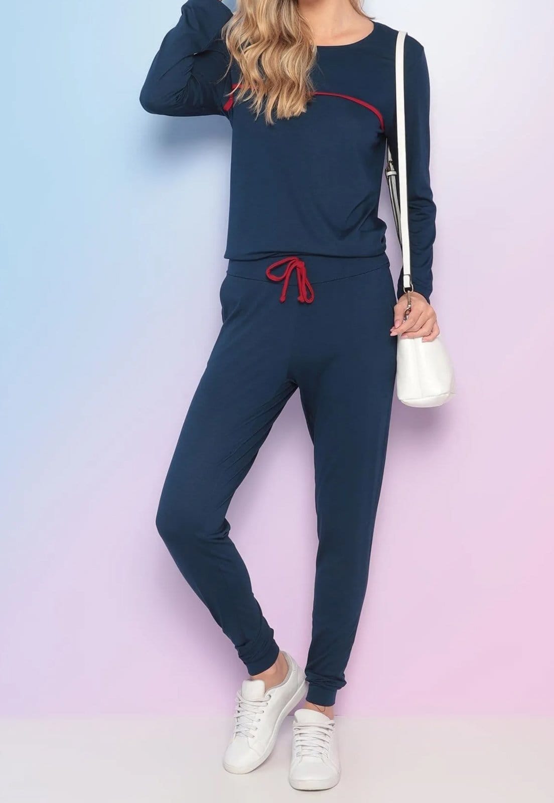 Vista principal Conjunto Maria Paes Calça e Blusa Manga Longa Marinho com Viés Maria Paes azul marinho/vermelho