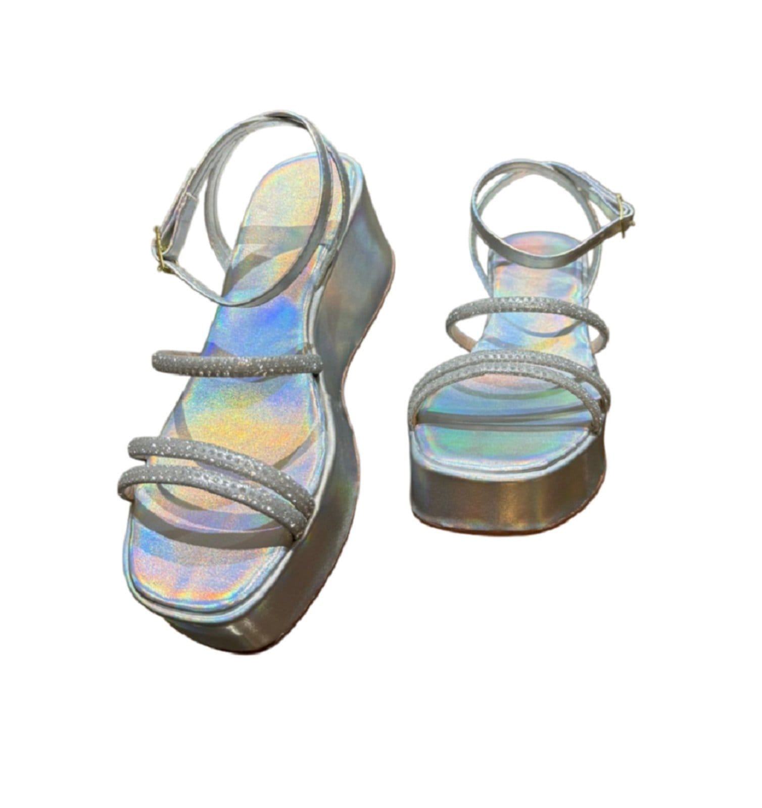 Vista 2 Sandália Anabela 3 Tiras Gliter Ref 2121 Rofely Holografico Rofely prata