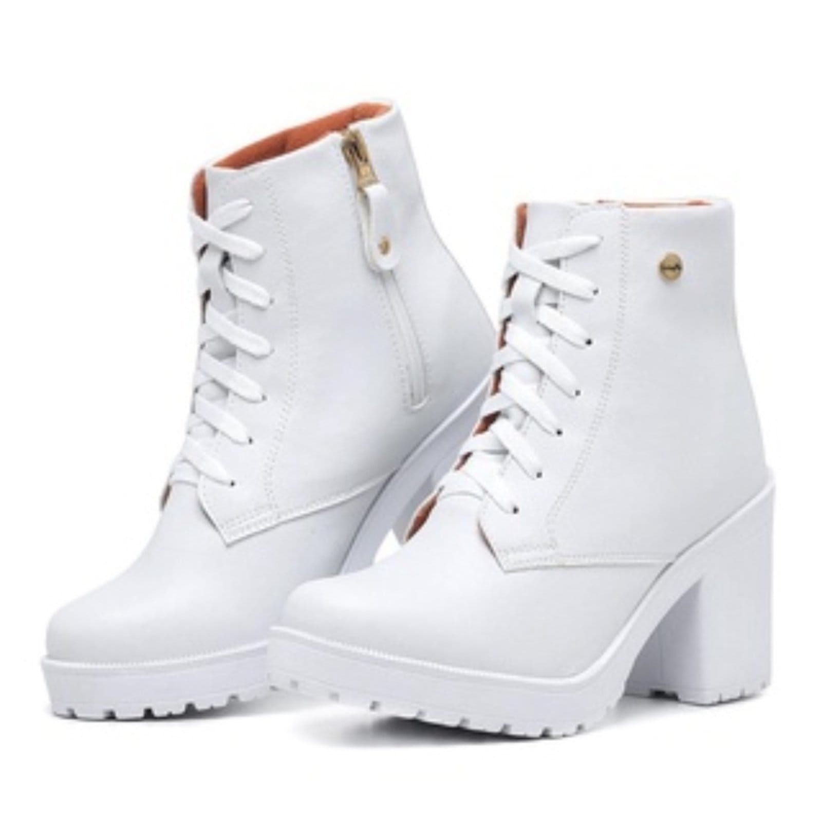Vista principal Bota Cano Curto Feminina Salto Alto Tratorado com Ziper Branca Bia Ramos branco