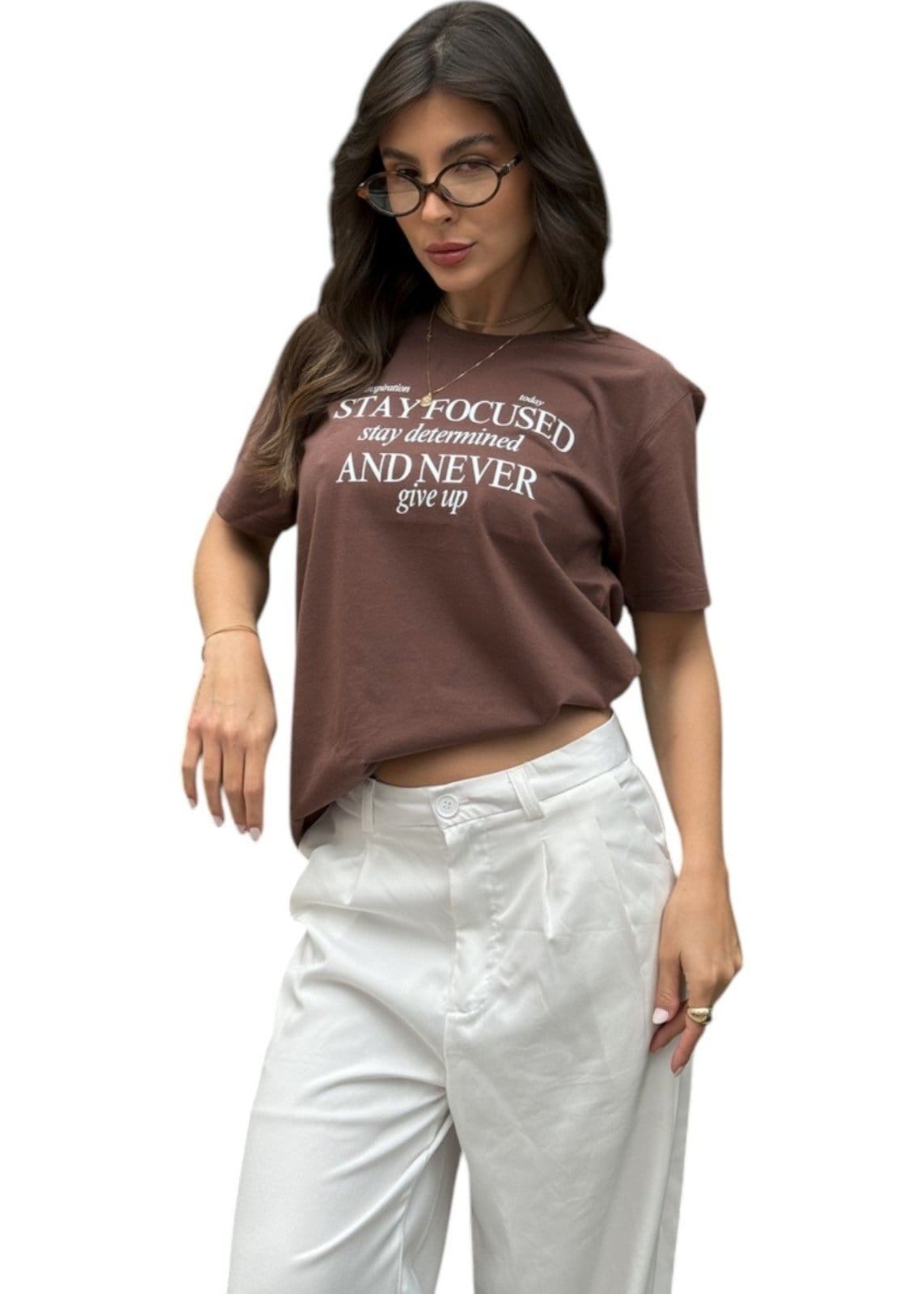 Vista 2 Camiseta Feminina Cianitas Escuro Estampa Stay Focused Cianitas marrom