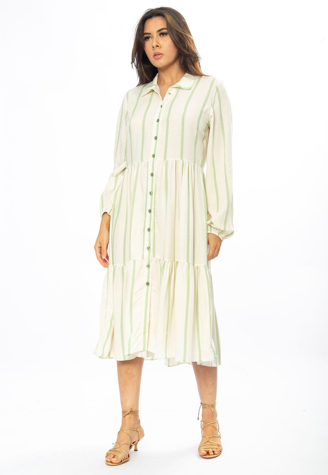 Vestido Midi Amazônia Vital Estampa Essencial Listrado Verde