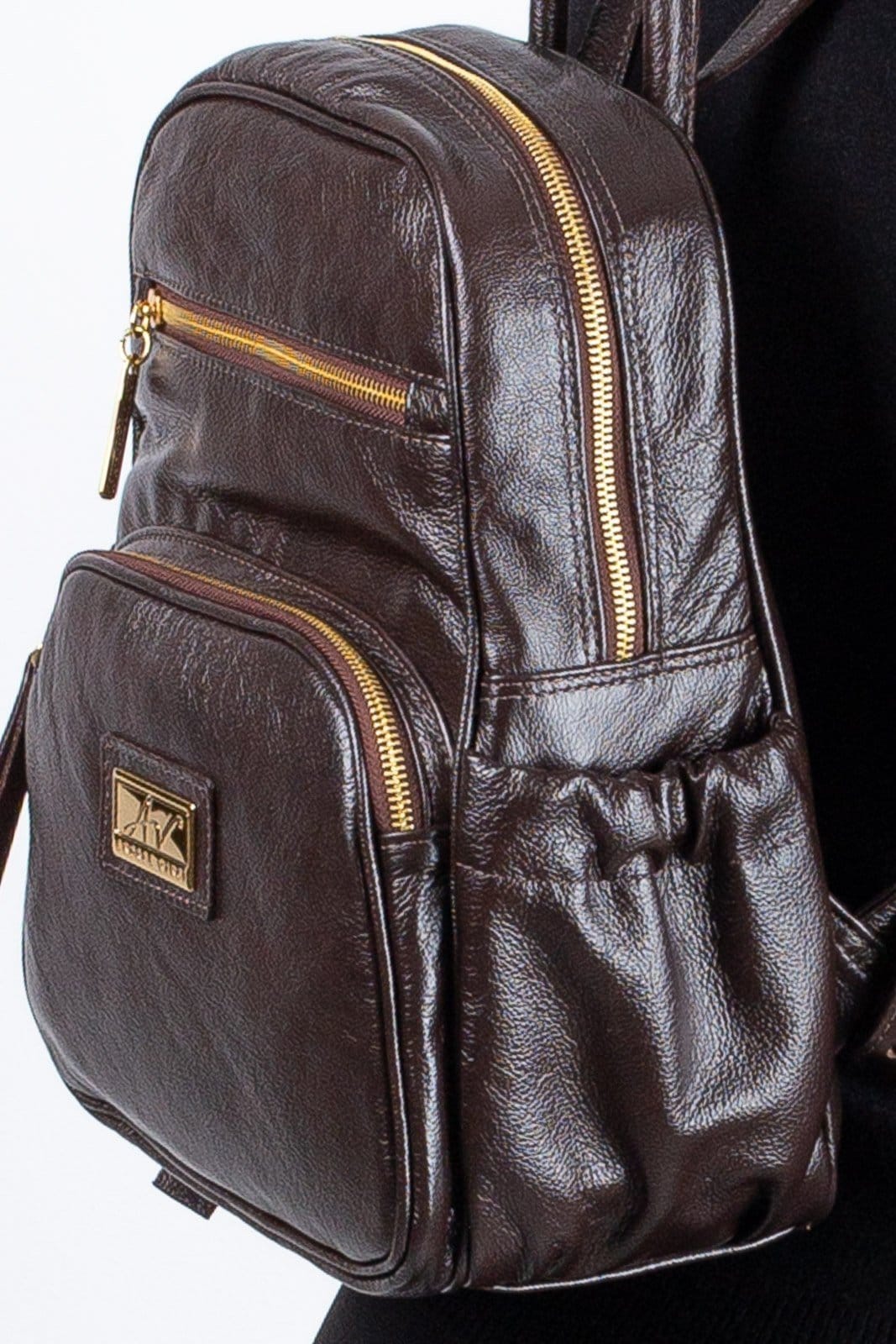 Vista 2 Mochila pequena de couro liso Zoey - Café Andrea Vinci preto