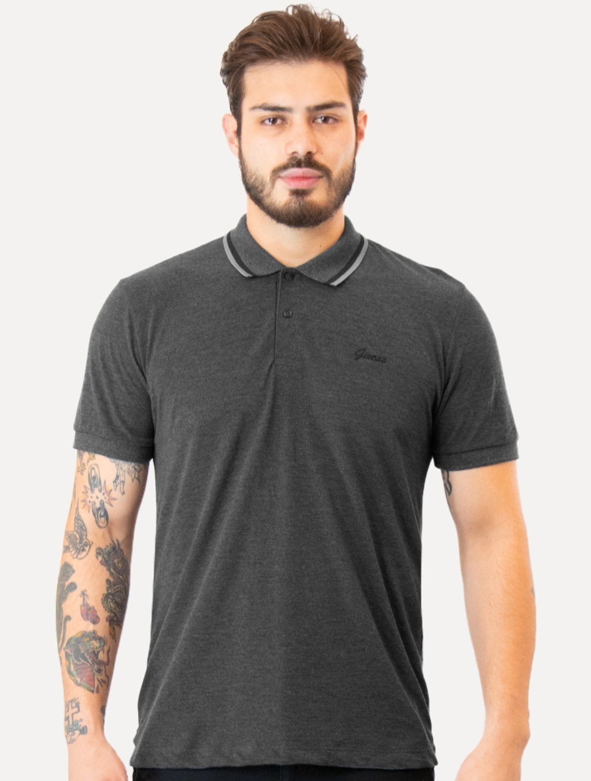 Polo Guess Masculina Piquet Friso Bordado Cursivo Escuro Mescla