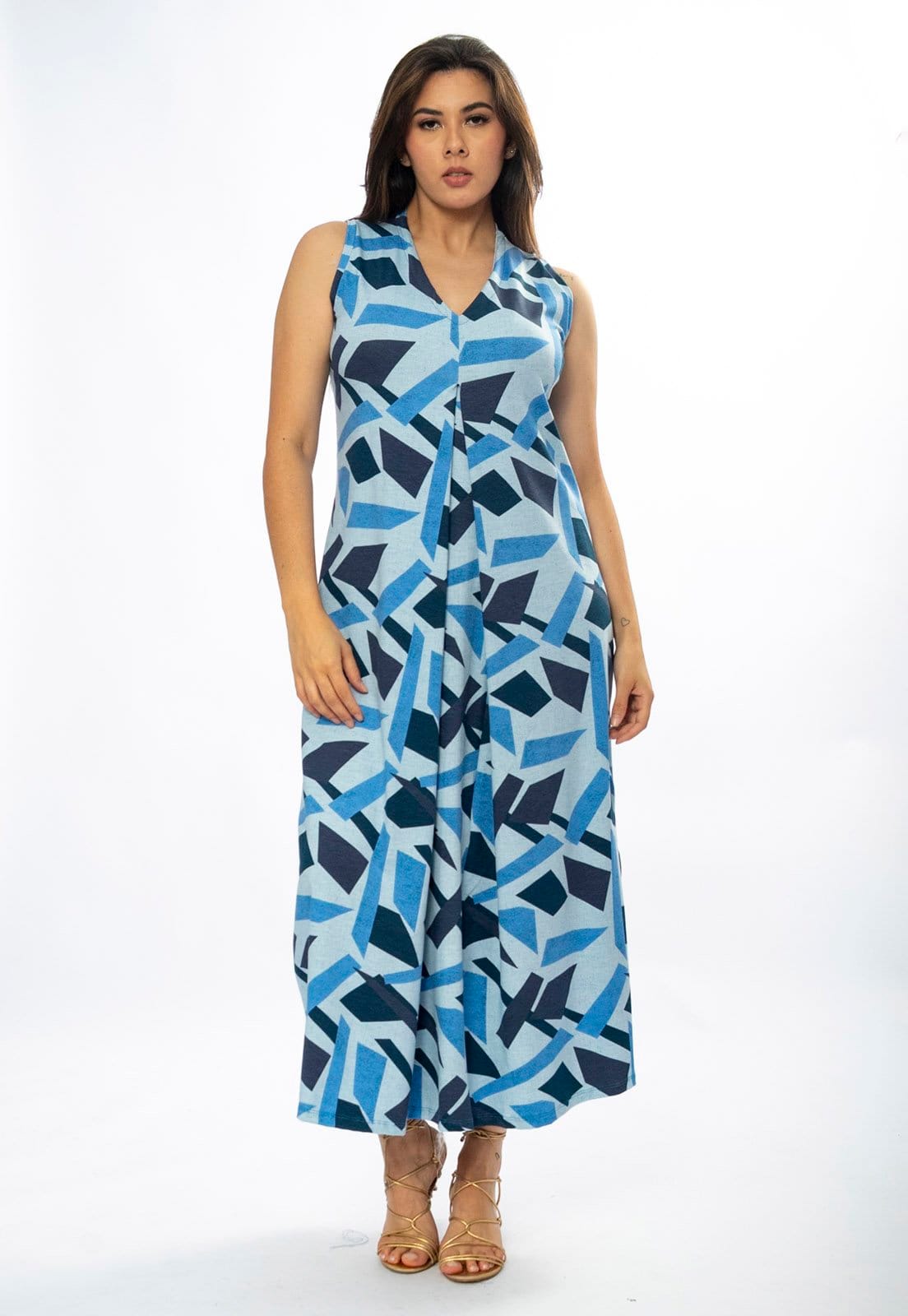 Vista 2 Vestido Longo Amazônia Vital Acará Malha Estampa Caminhos de Azul Amazonia Vital azul marinho/estampado