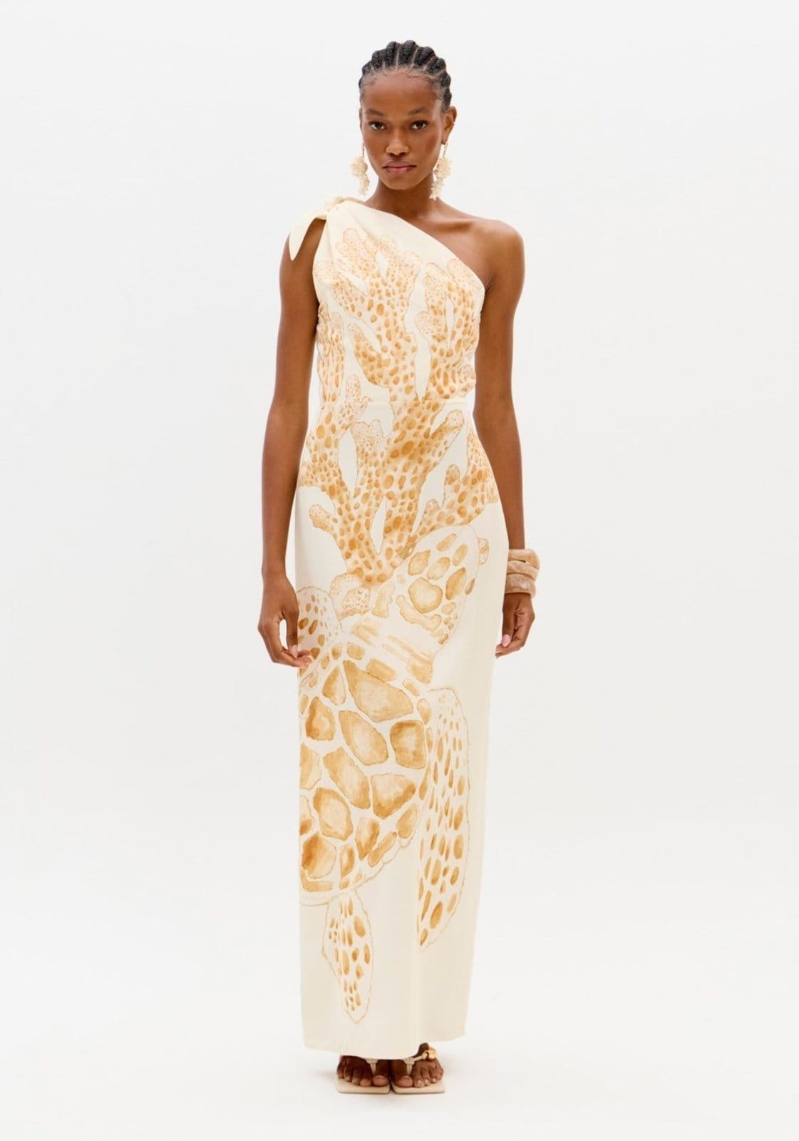 Vista principal Vestido Ombro Único Com Estampa Lança Perfume amarelo