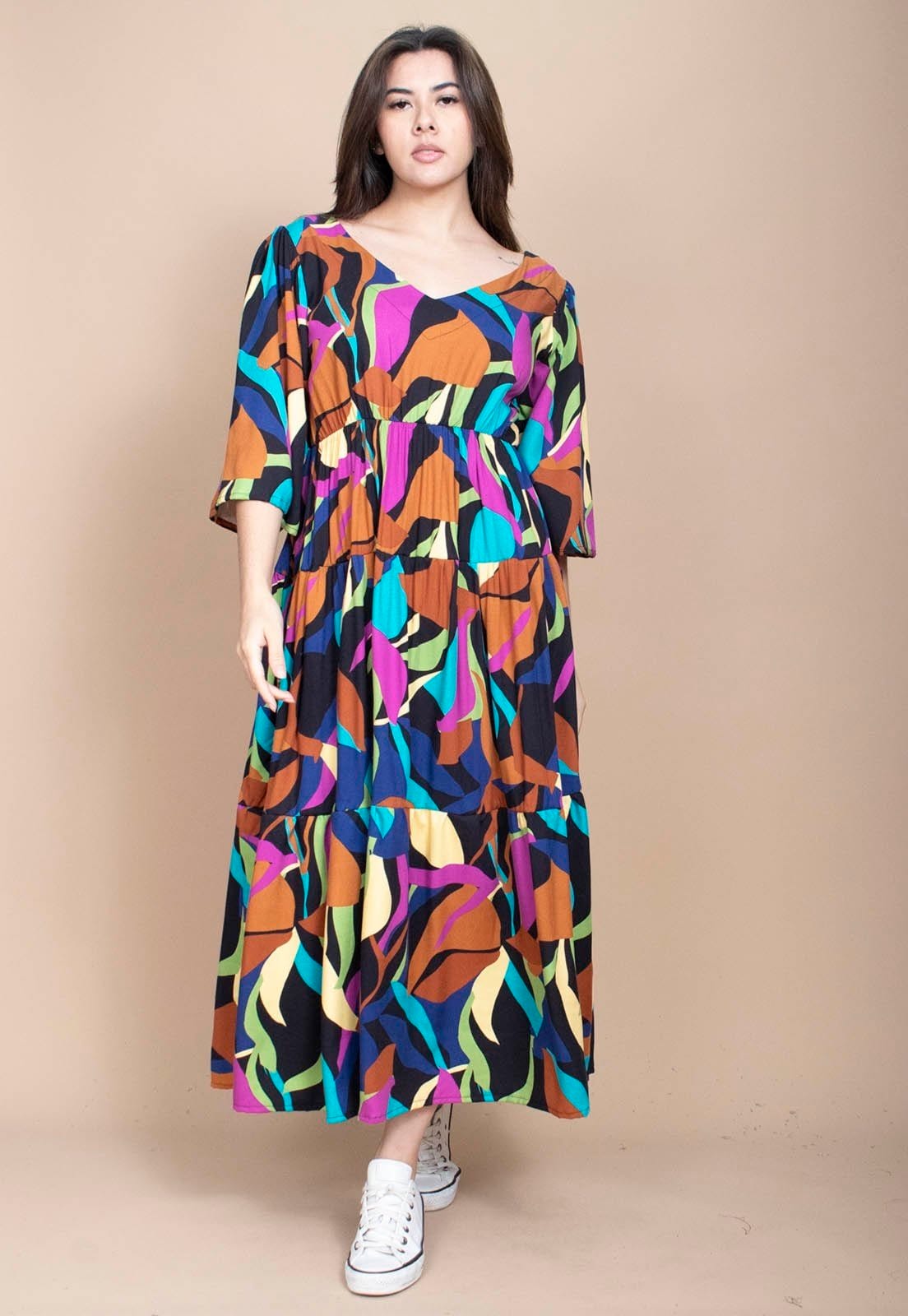 Vista 2 Vestido Longo Cabanafree Plano com Manga e Camadas Estampa Aurora Urbana Cabanafree azul/estampado/rosa