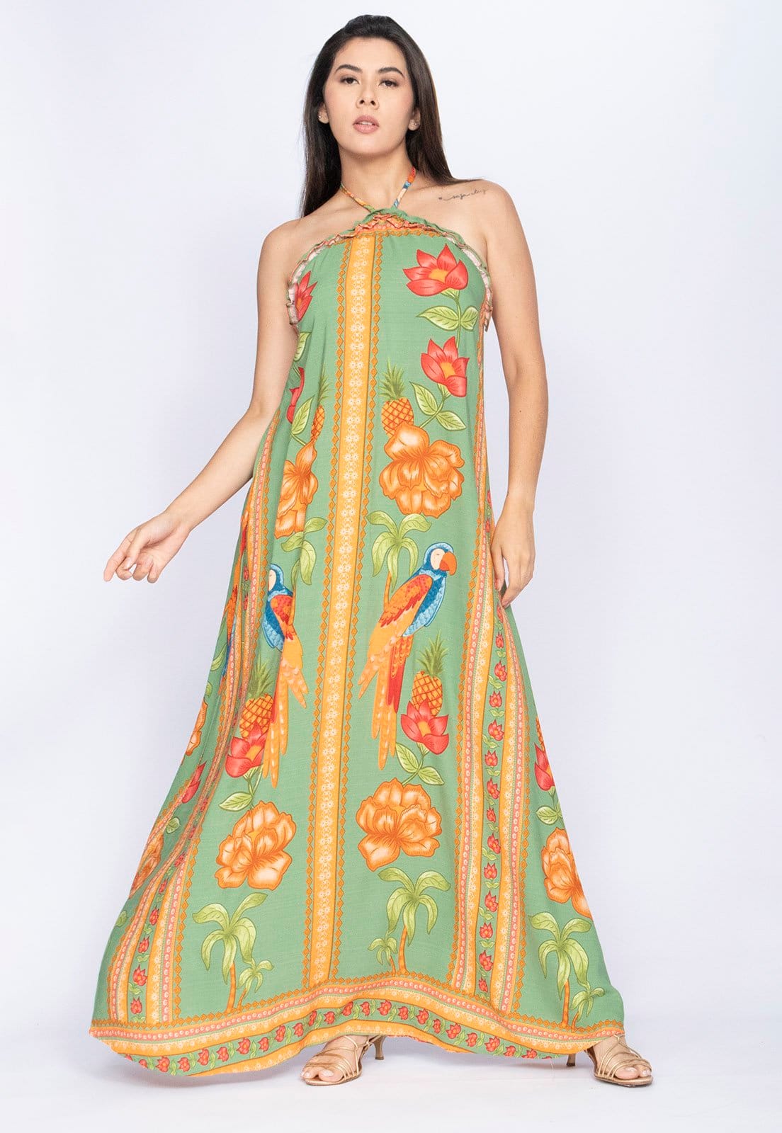 Vestido Amazônia Vital Trapézio Longo Estampa Ararê Verde